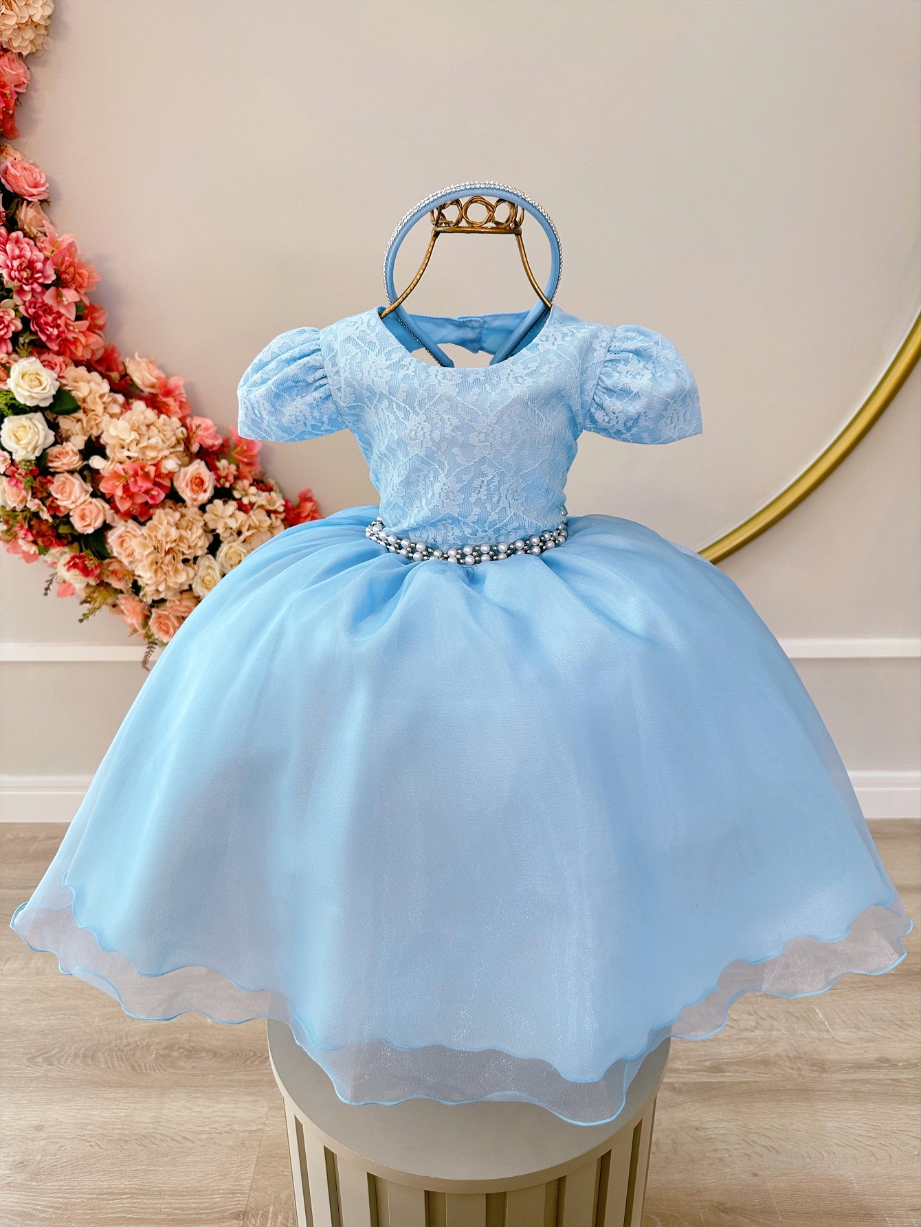 Vestido Infantil Azul Busto C/ Renda e Tiara Damas Luxo