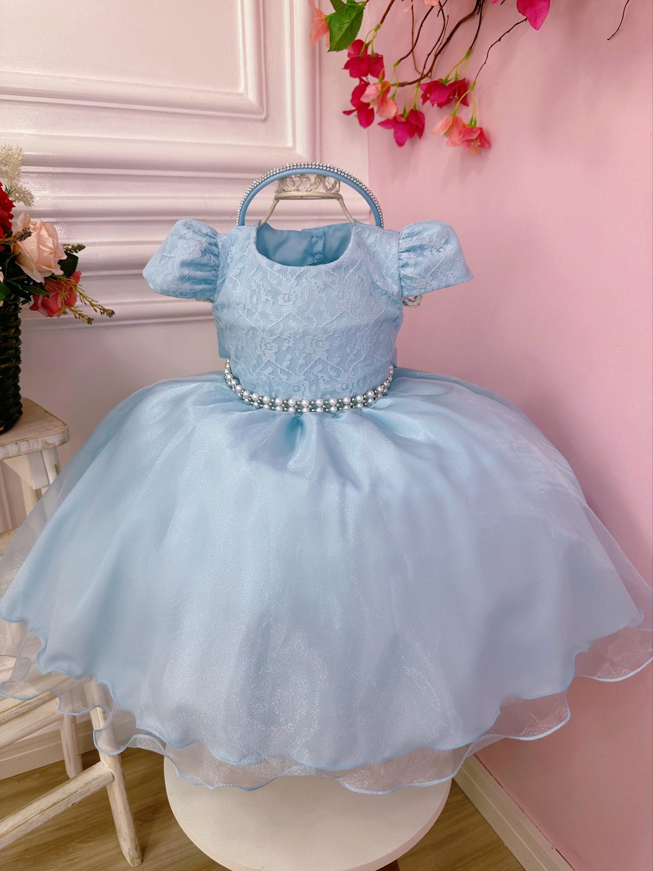 Vestido Infantil Azul C/ Renda e Cinto de Pérolas Tiara