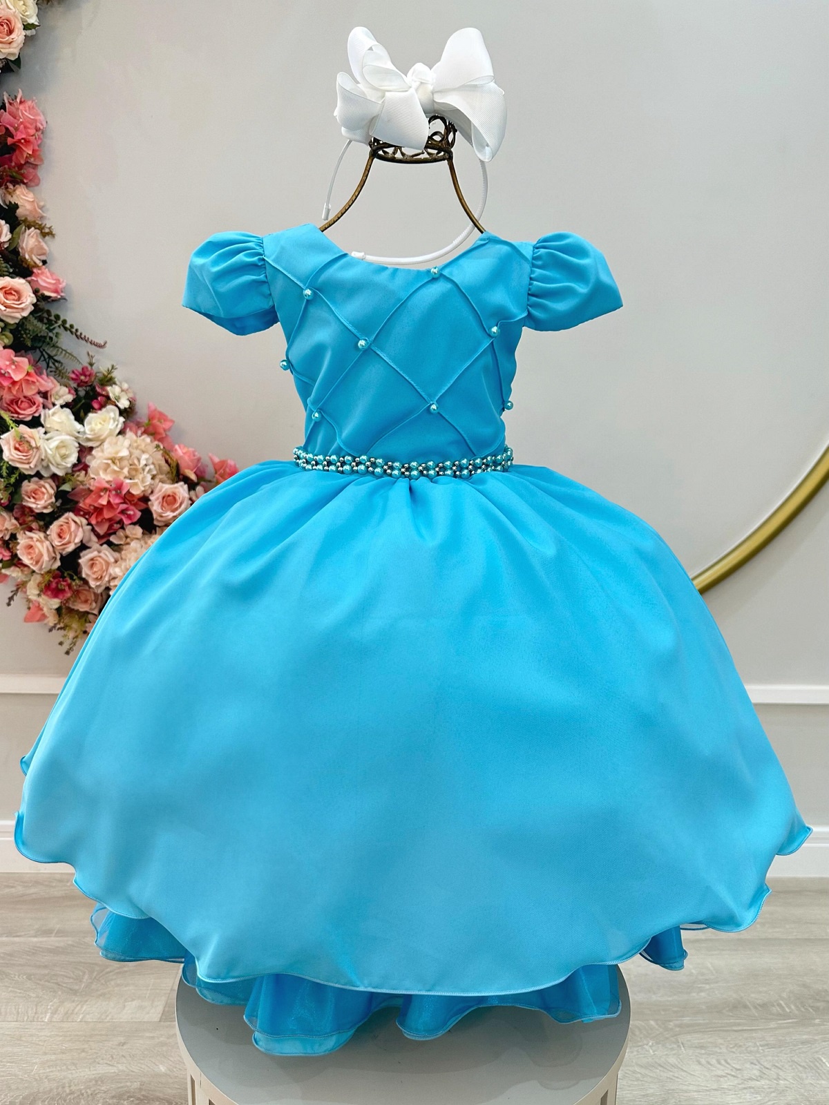Vestido Infantil Azul Cinto de Pérolas Festas Daminhas Luxo