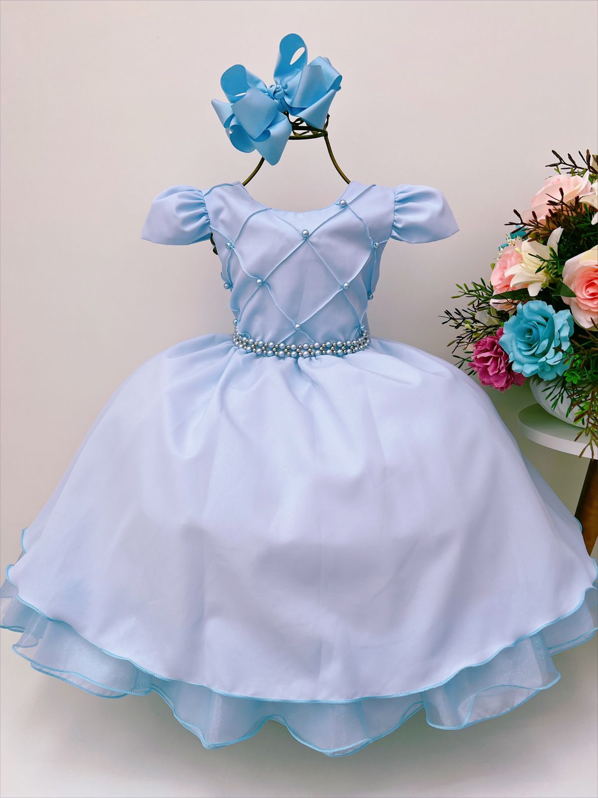 Vestido Infantil Azul Bebê Cinto de Pérolas Nervuras Luxo