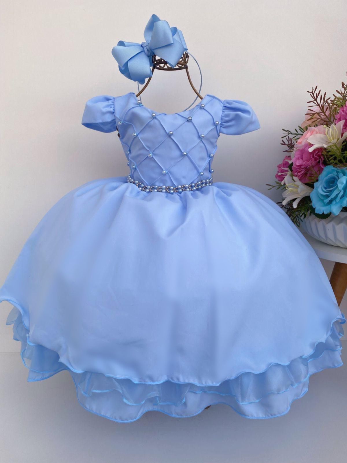 Vestido Infantil Azul Cinto de Pérolas Nervuras Luxo