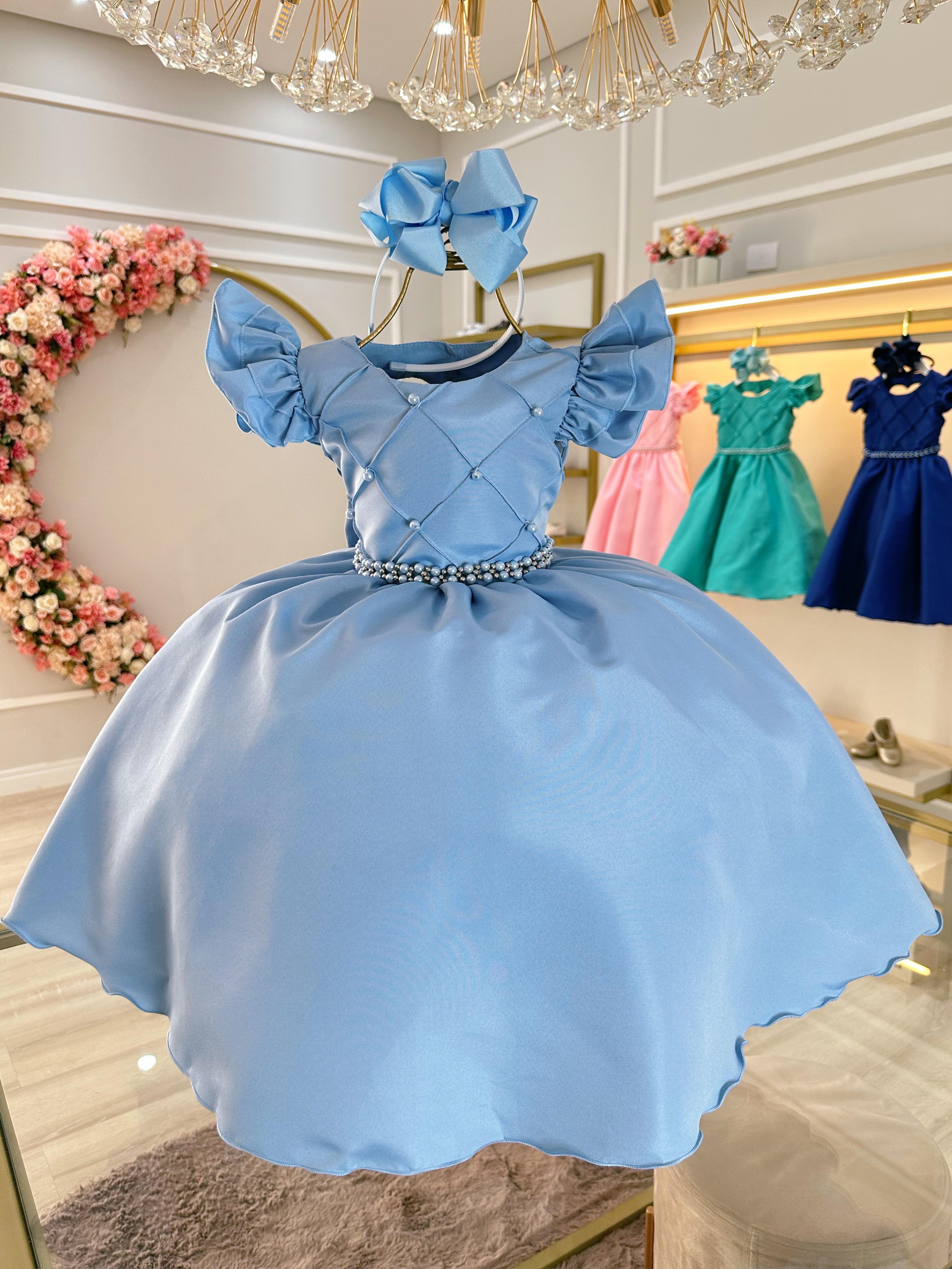 Vestido Infantil Azul Claro Busto Nervura Com Pérolas Festas