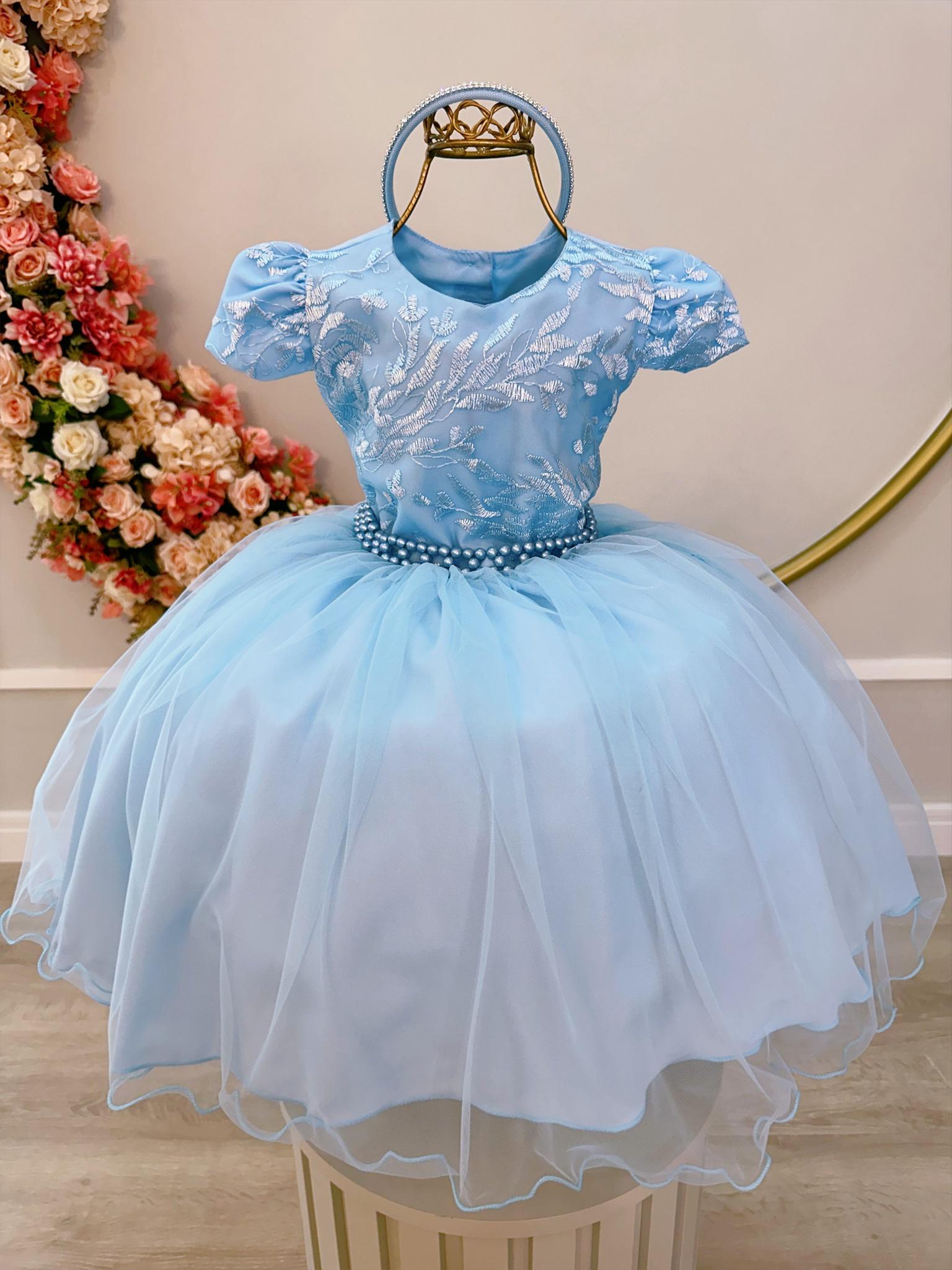 Vestido Infantil Azul Com Renda e Cinto de Pérolas Festas