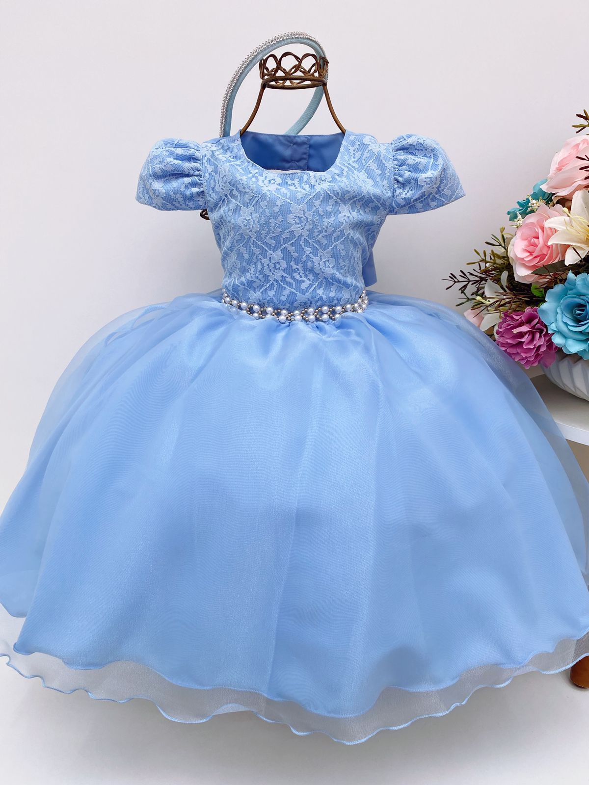 Vestido Infantil Azul Bebê Princesas Cinto Pérolas Luxo - Rosa Charmosa  Atacado