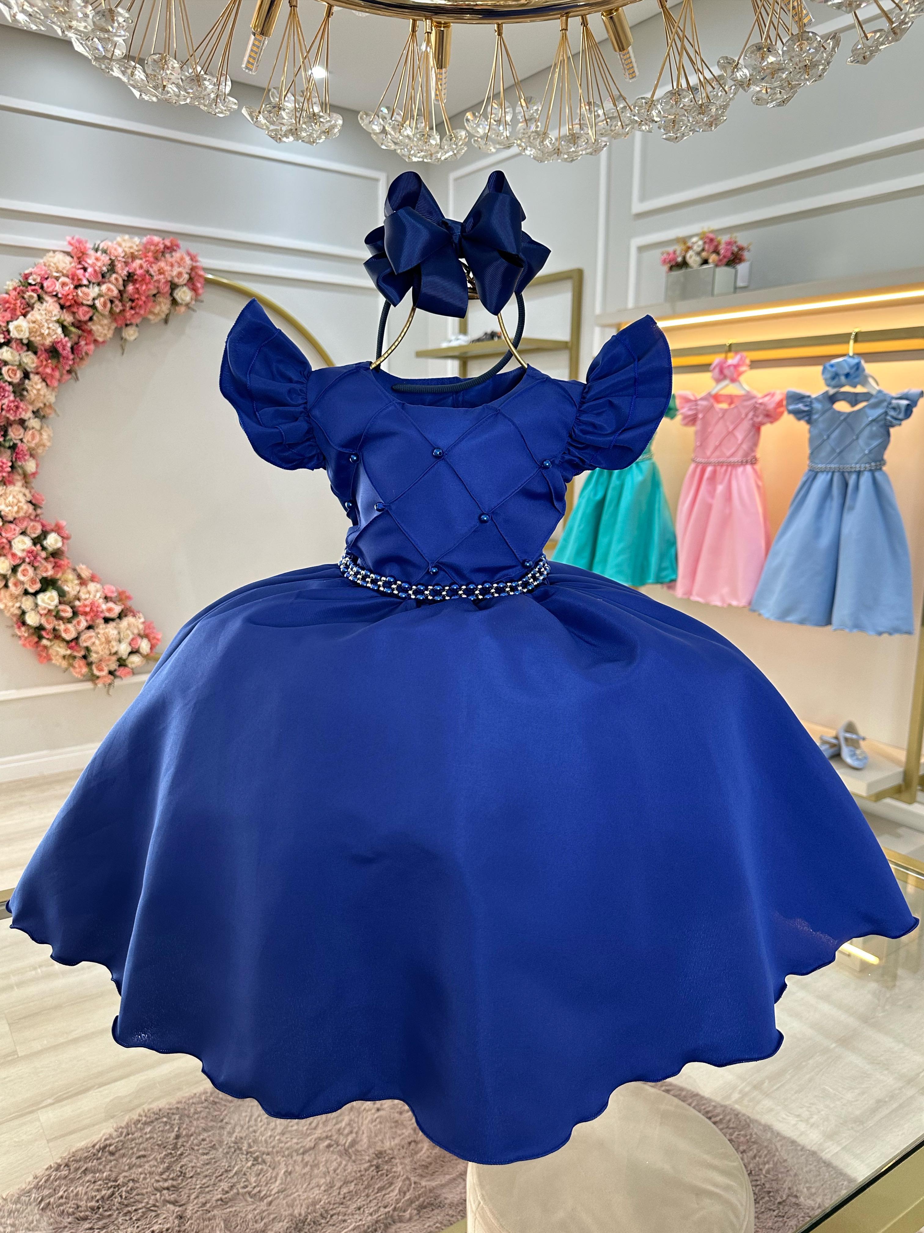 Vestido Infantil Azul Royal Busto Nervura Com Pérolas Festas