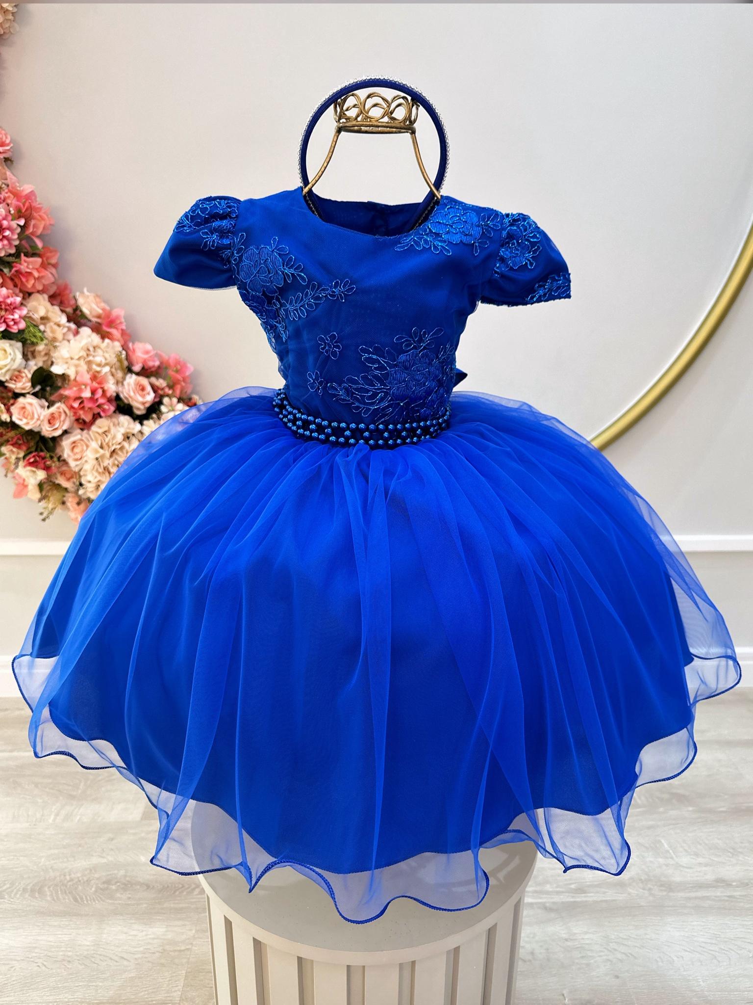 Vestido Infantil Azul Royal C/ Renda Metalizada C/ Tiara