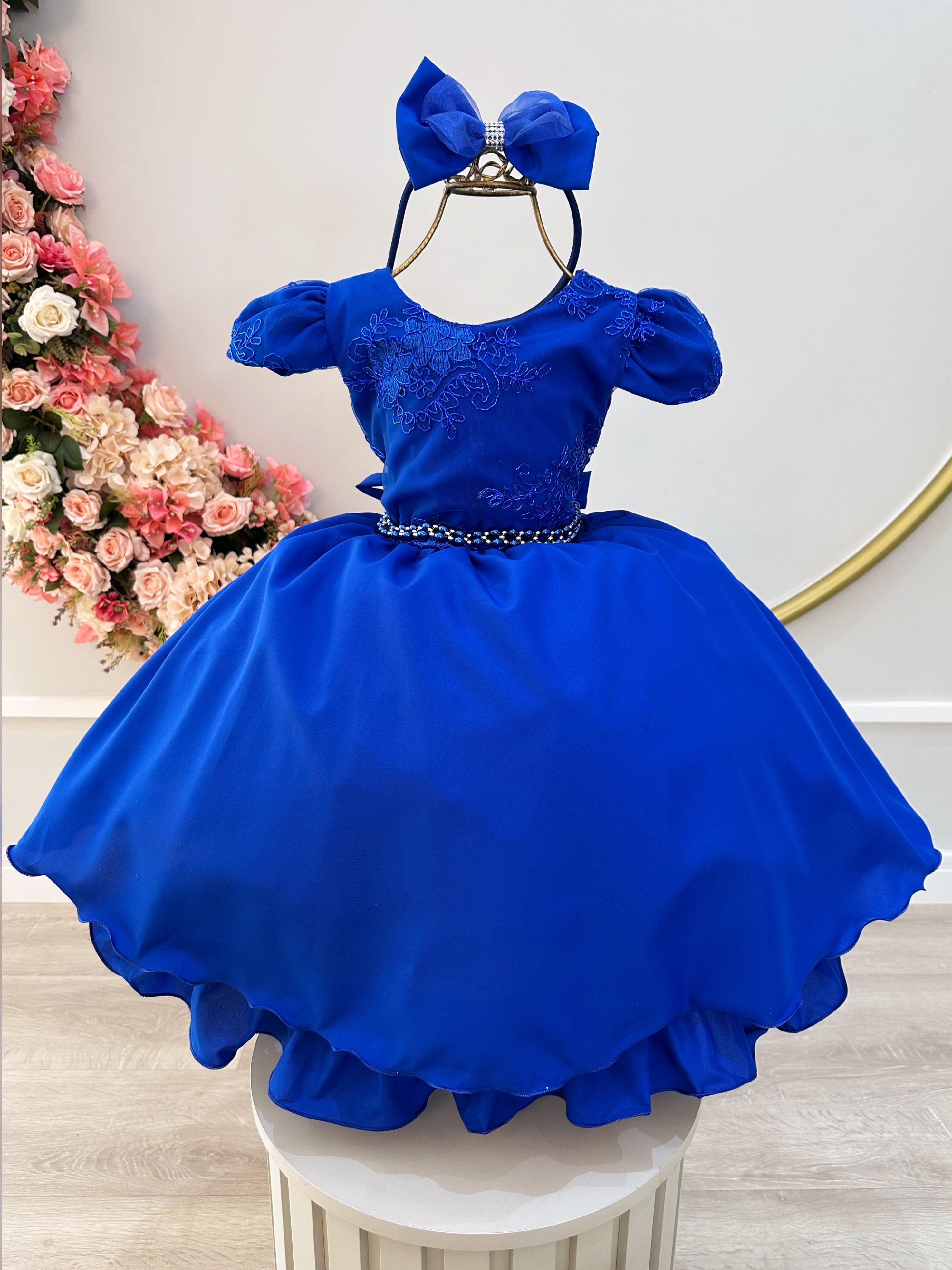 Vestido Infantil Azul Royal C/ Tiara e Renda Metalizada Festa