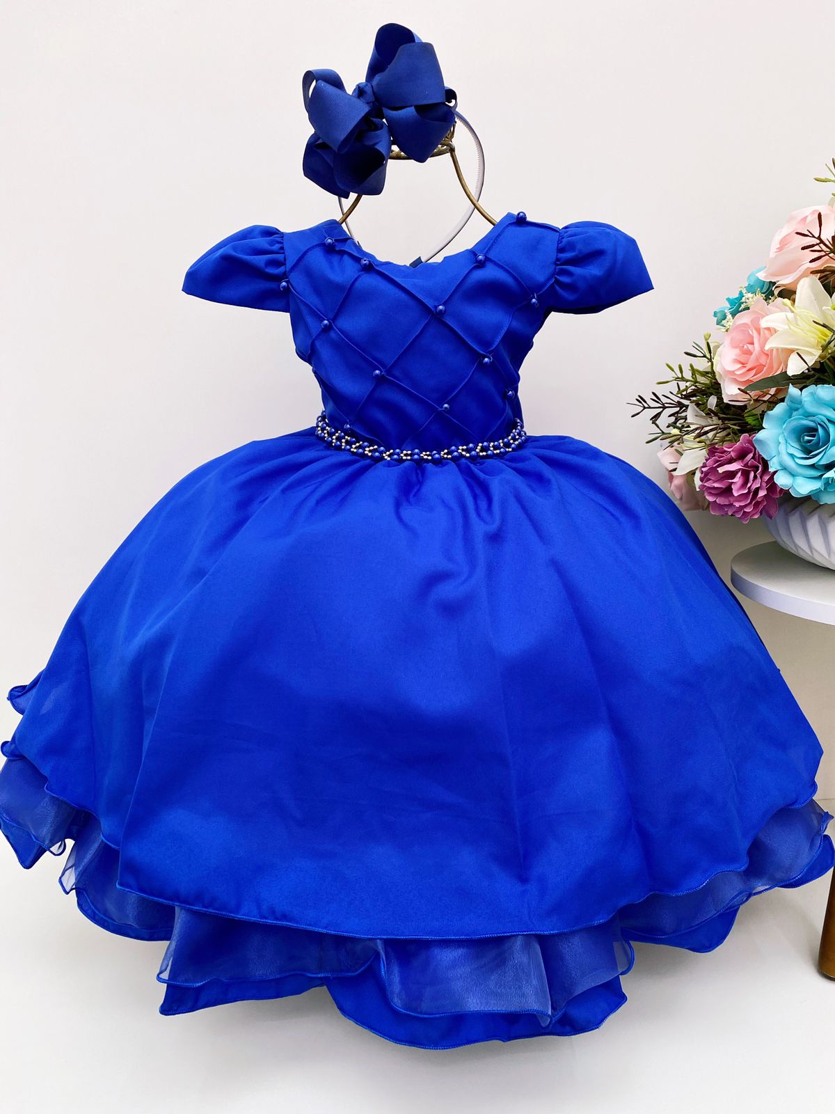 Vestido Infantil Azul Royal Cinto de Pérolas Casamento Luxo