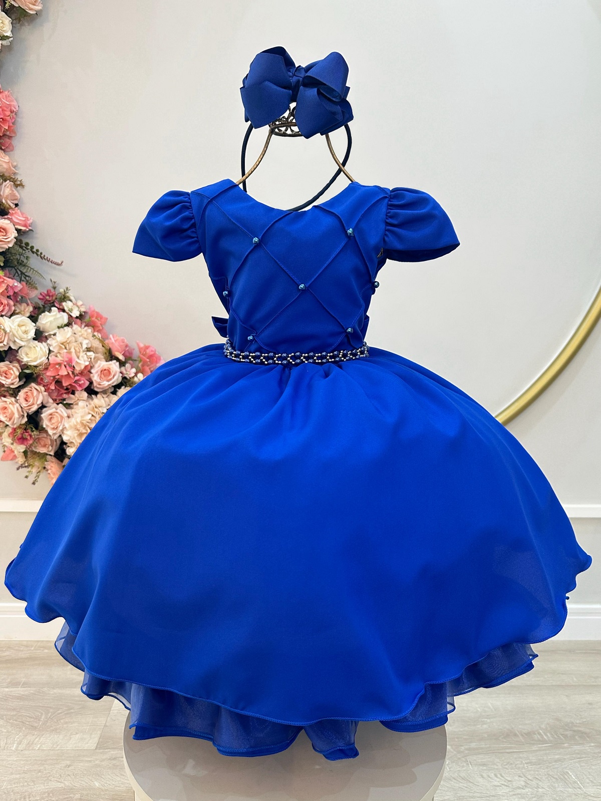 Vestido Infantil Azul Royal Cinto de Pérolas Casamento Luxo