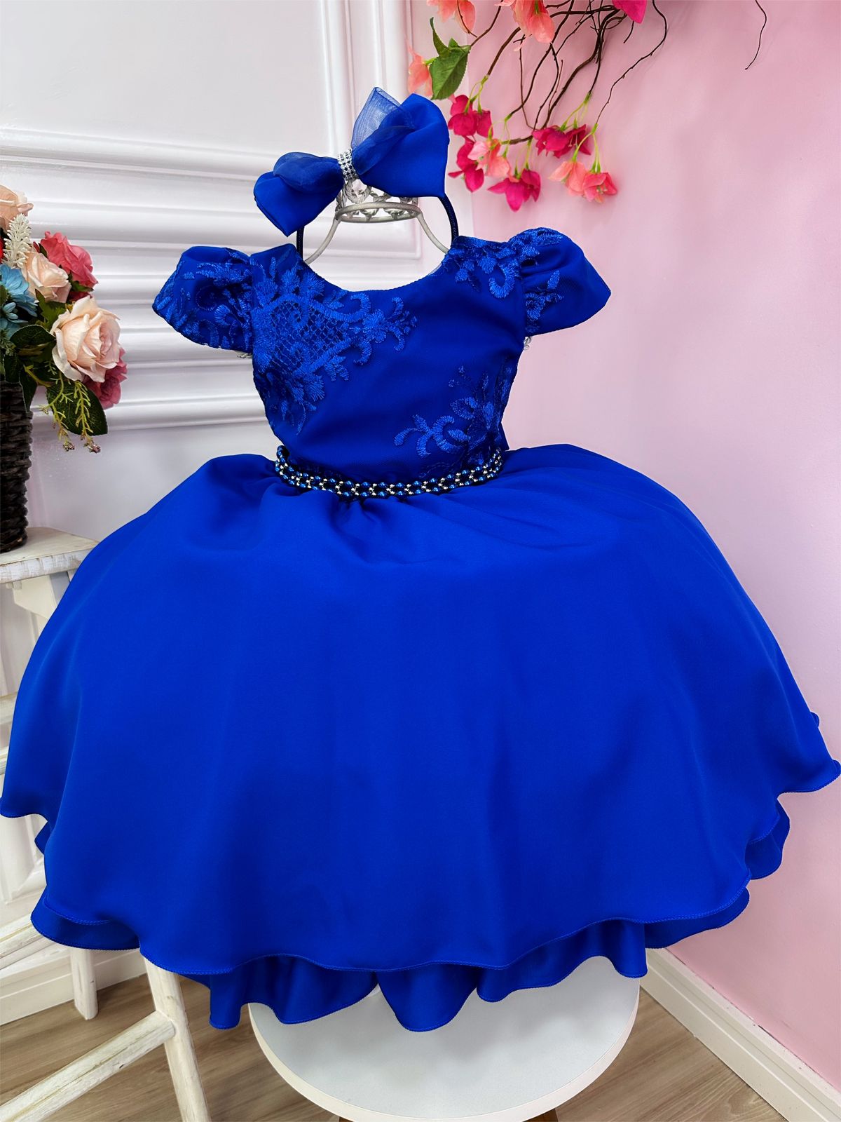 Vestido Infantil Azul Royal Renda C/ Cinto Pérolas e Tiara