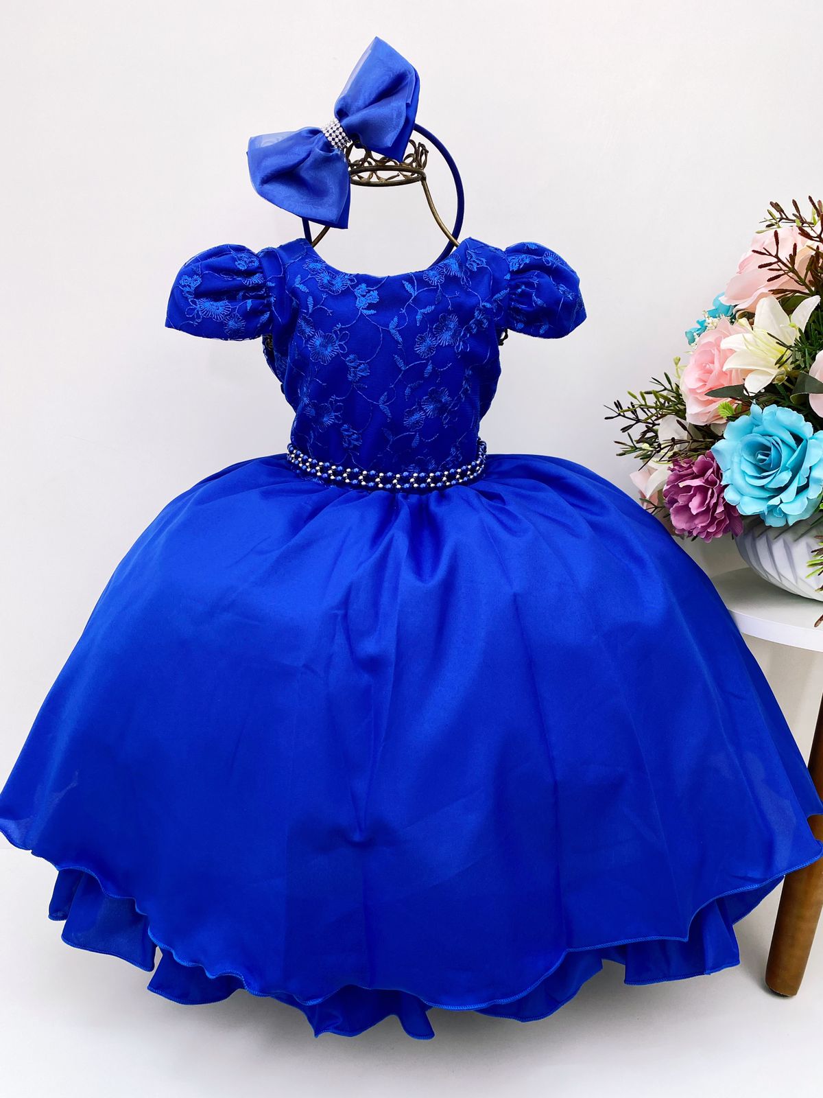 Vestido Infantil Azul Royal Renda Cinto Pérolas C/Tiara