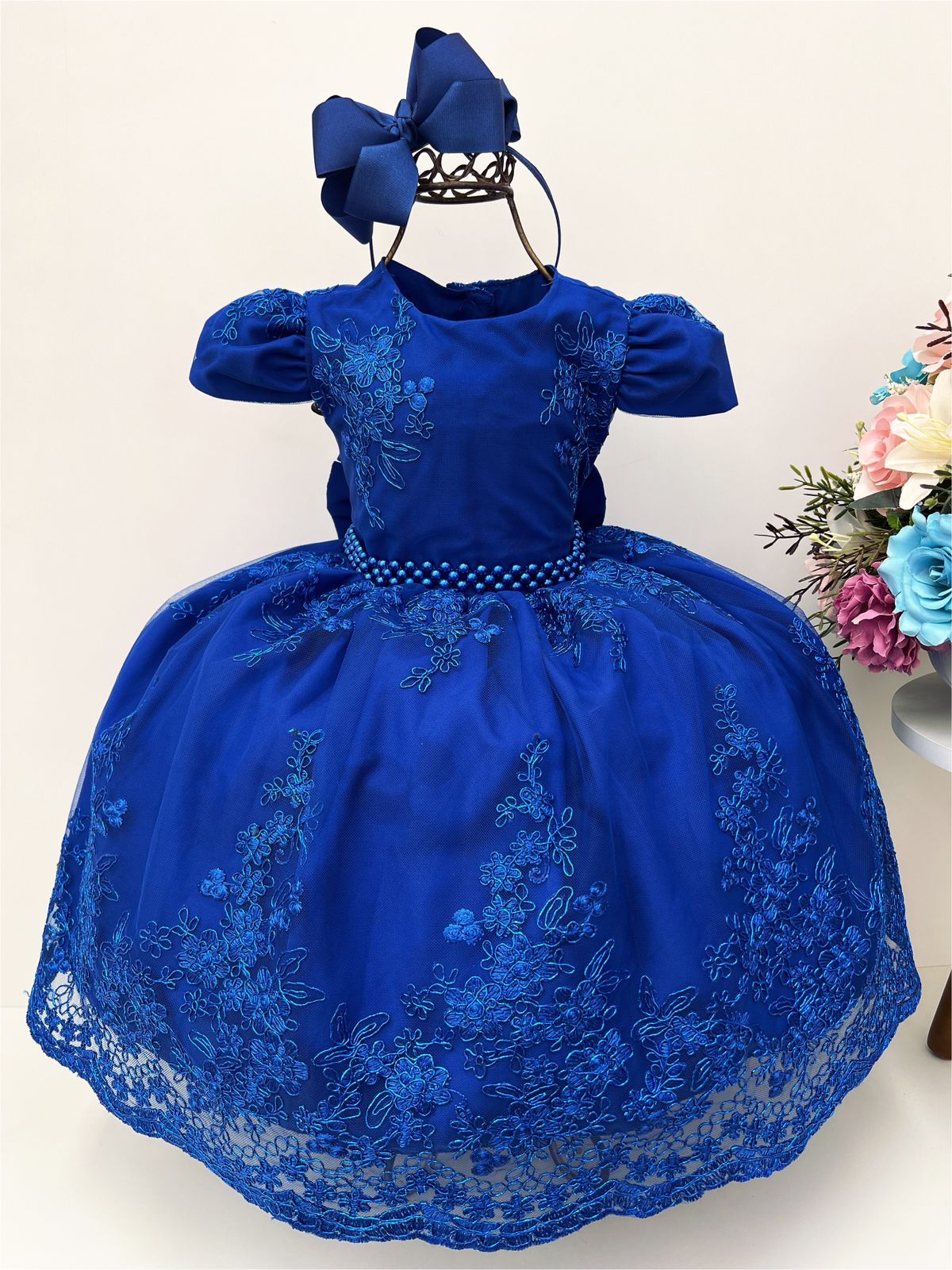 Vestido Infantil Azul Royal Renda Realeza Cinto Pérolas Luxo