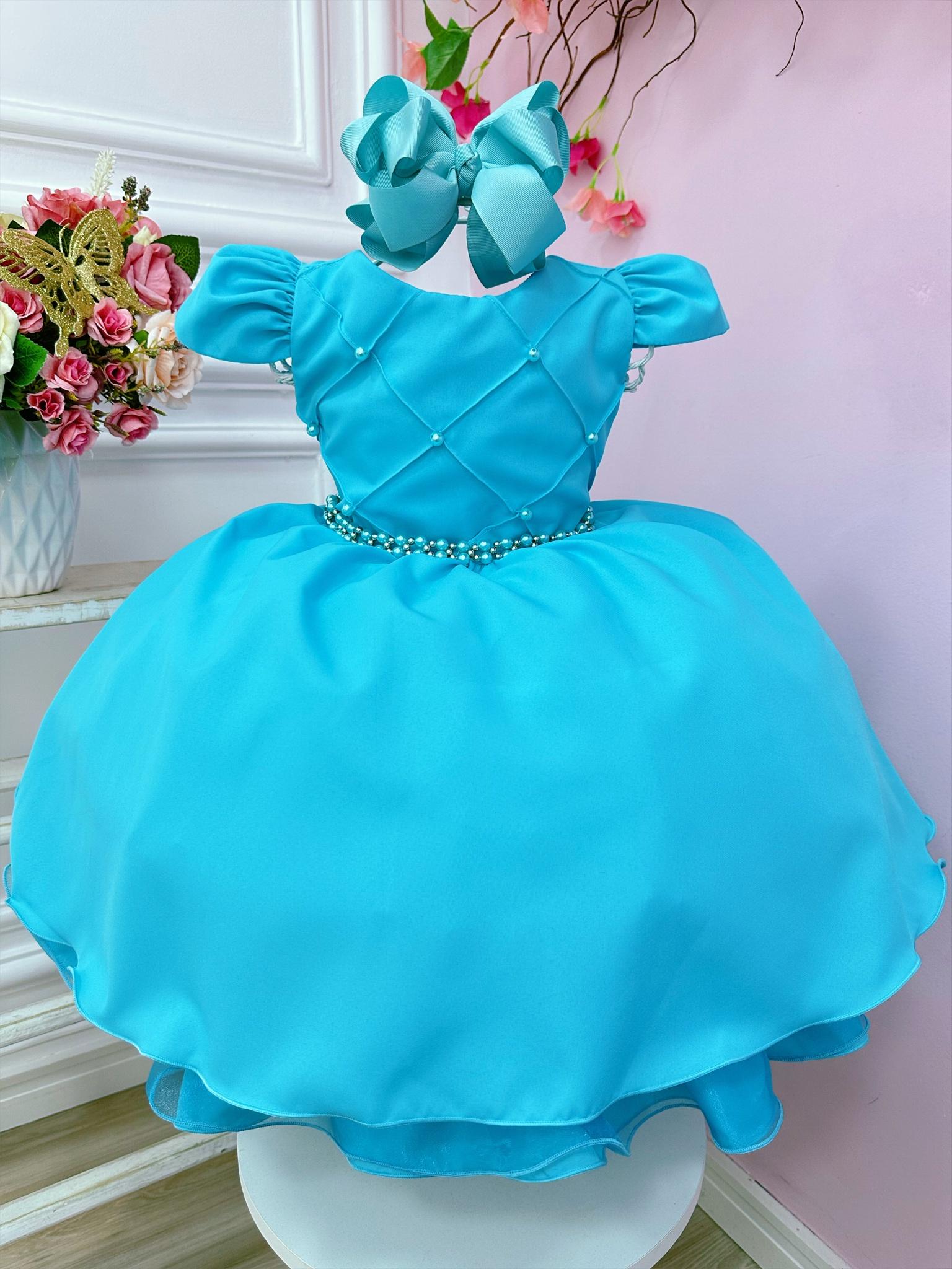 Vestido Infantil Azul Tiffany Cinto de Pérolas Luxo