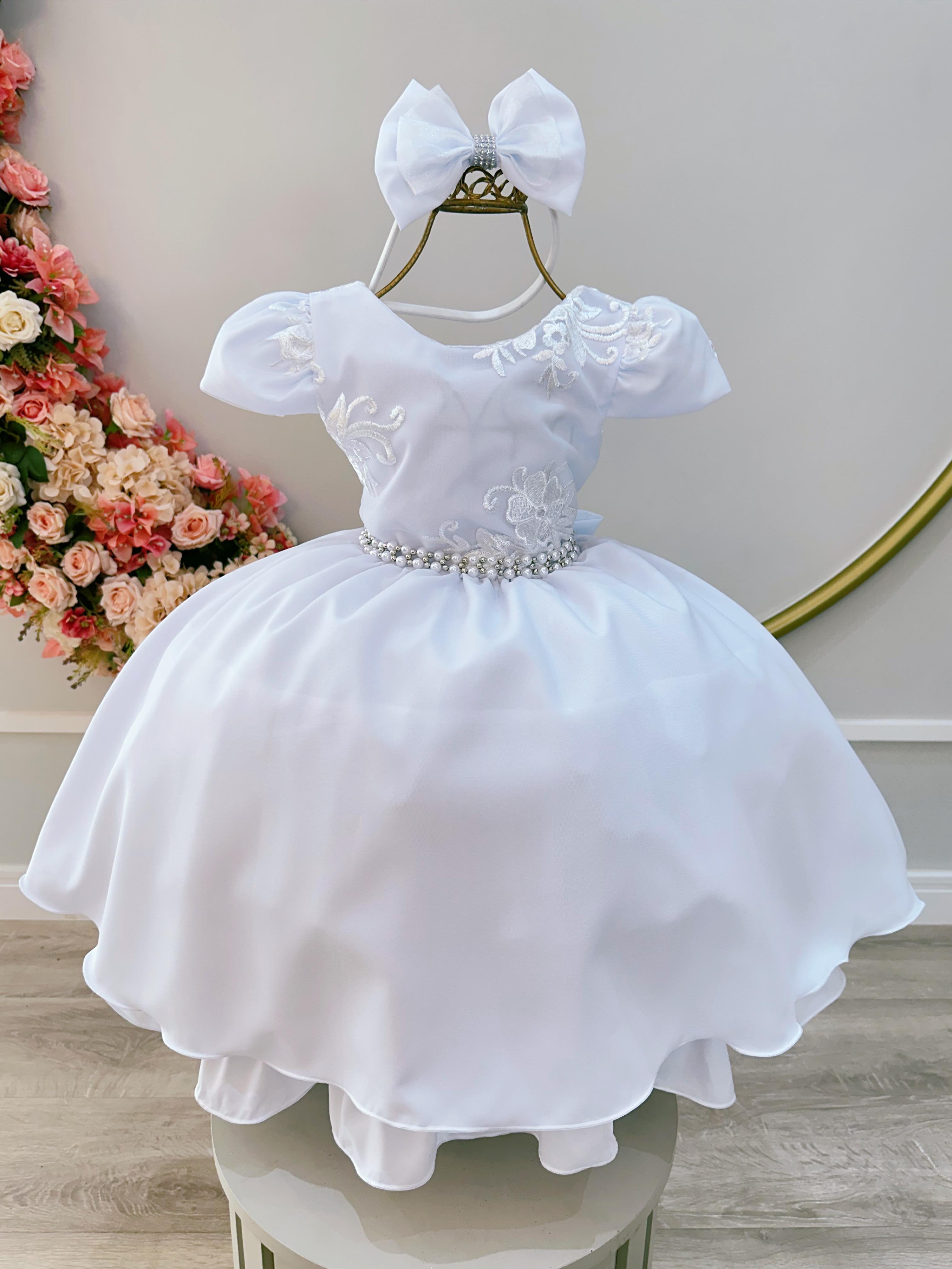 Vestido Infantil Branco Busto C/ Renda e Tiara Luxo Daminhas