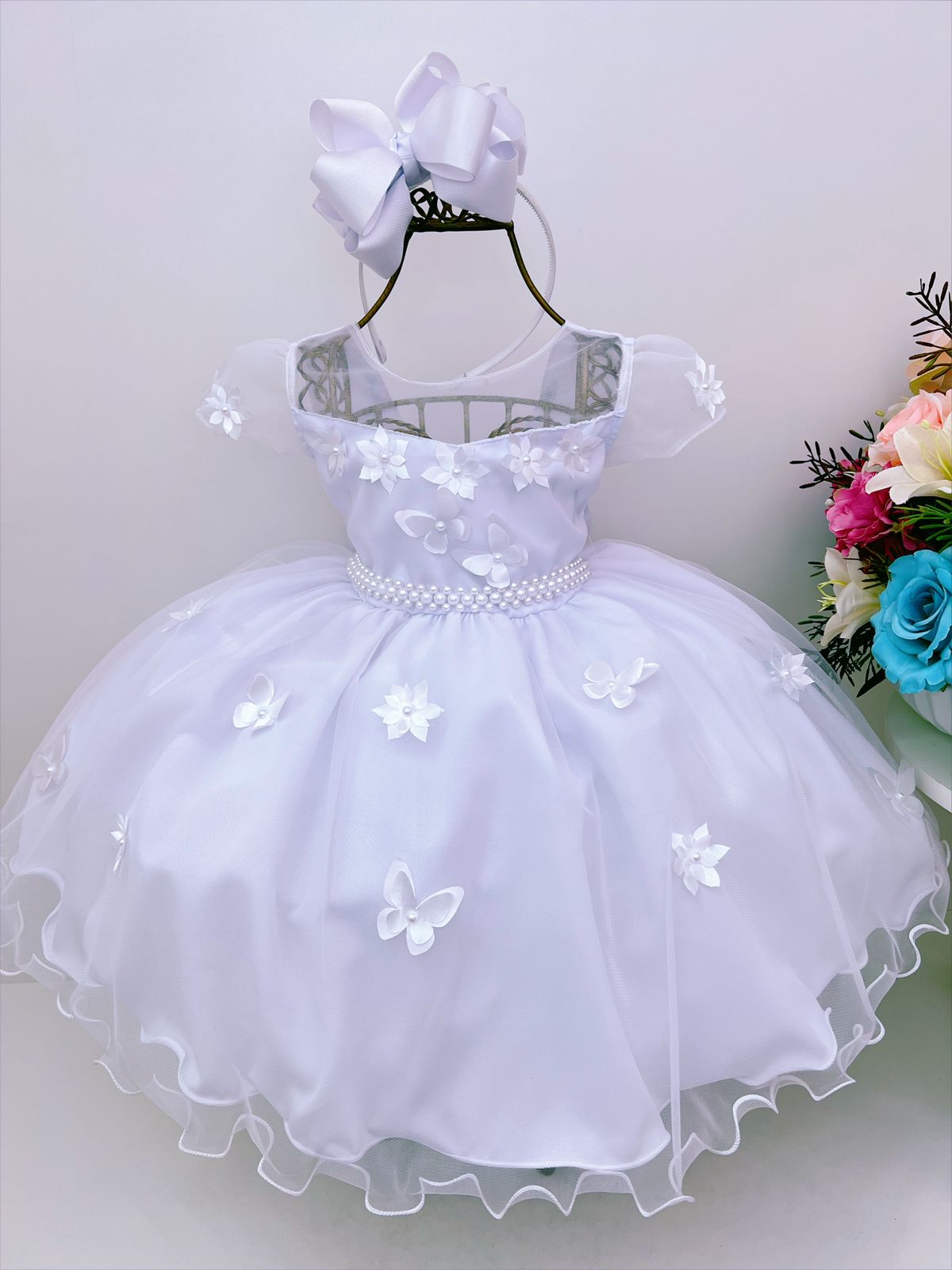 Vestido Infantil Branco C/ Aplique Borboletas Flores Pérolas