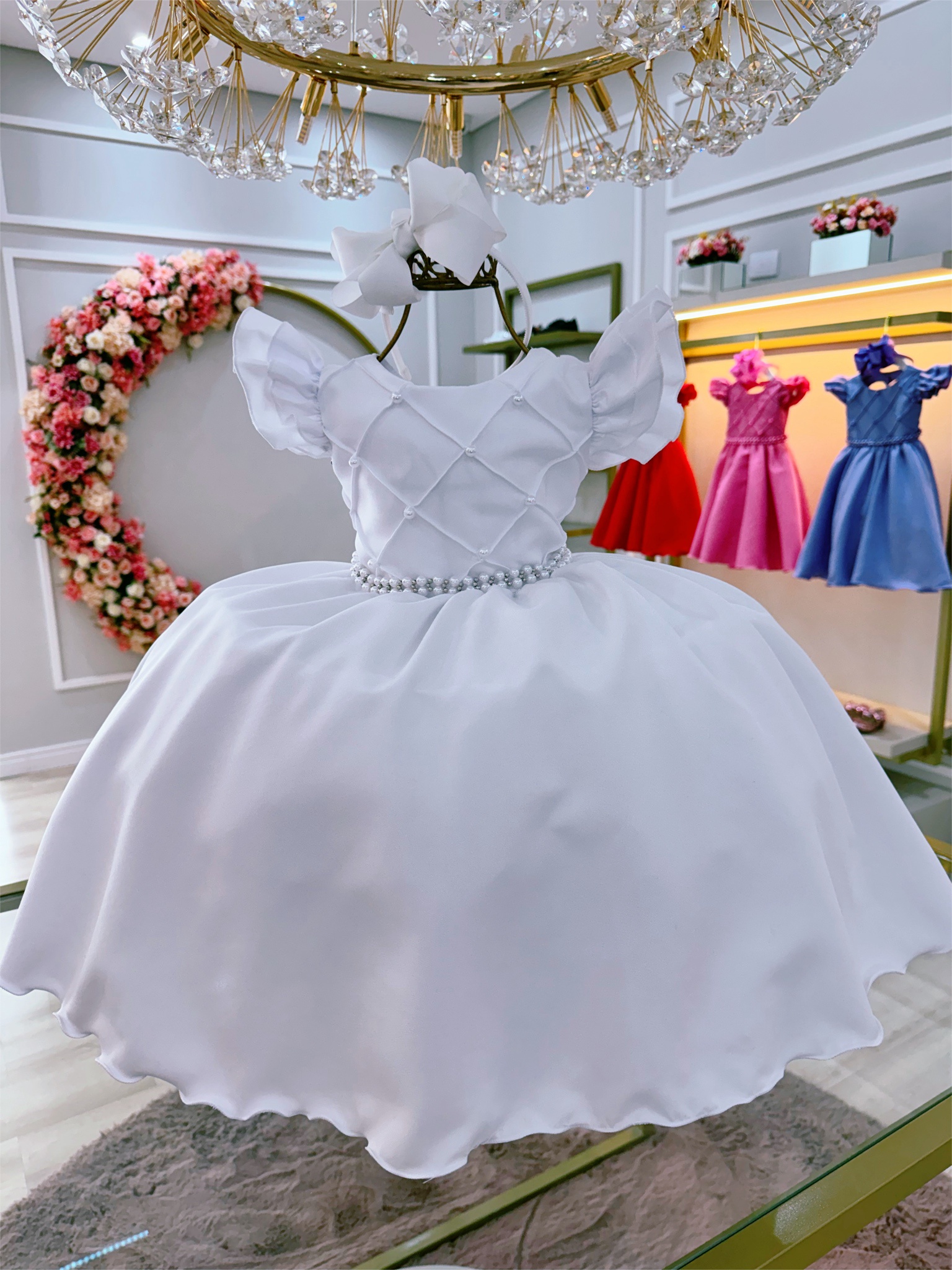 Vestido Infantil Branco Busto Nervura C/ Pérolas Casamentos