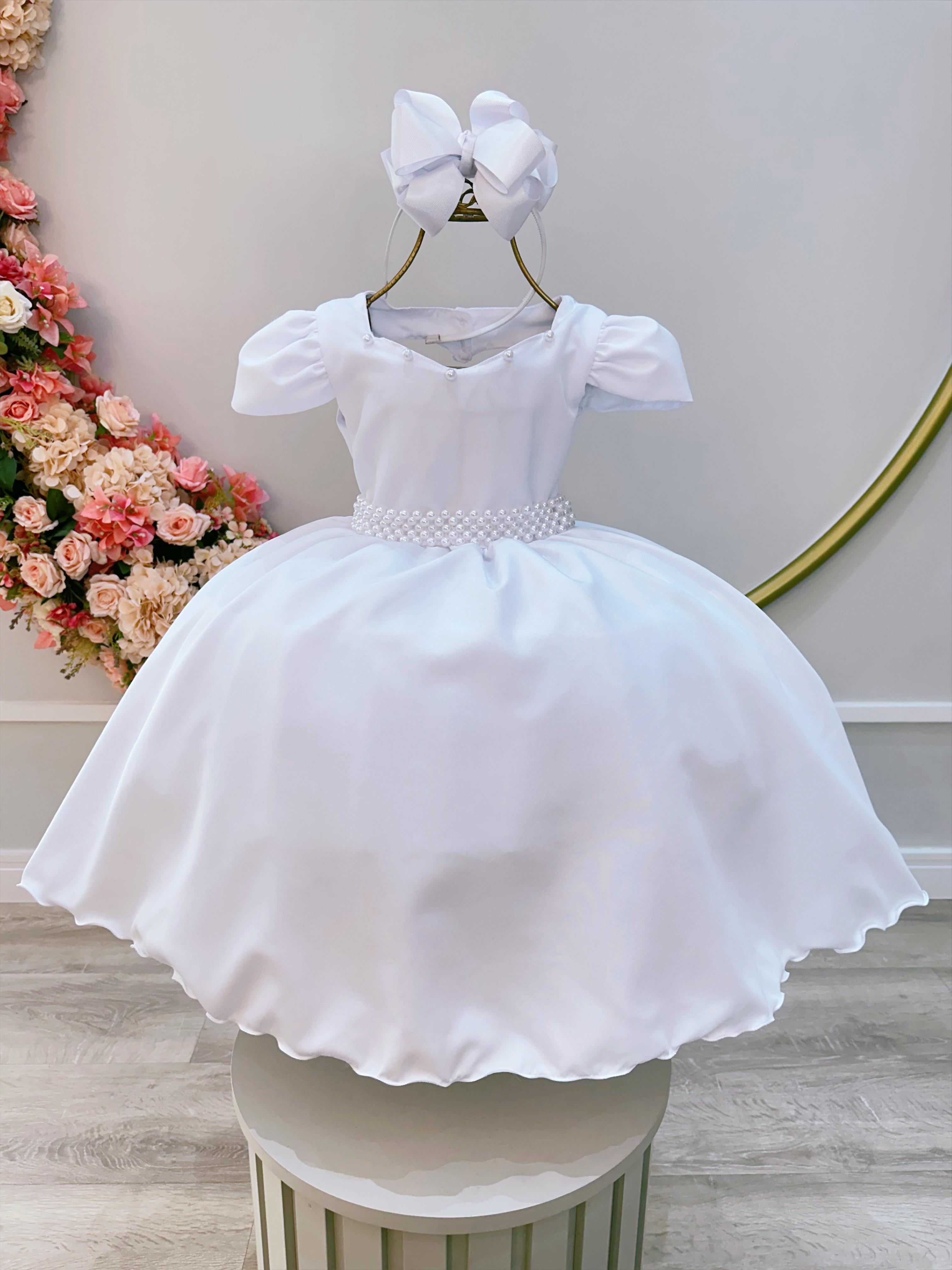 Vestido Infantil Branco C/ Cinto de Pérolas Daminhas Luxo