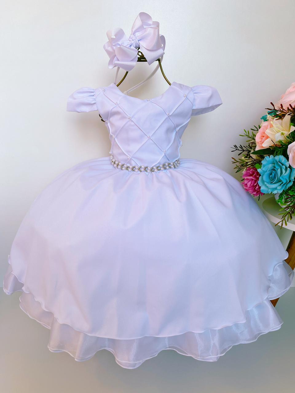 Vestido Infantil Branco Cinto Pérolas Damas Casamento Luxo