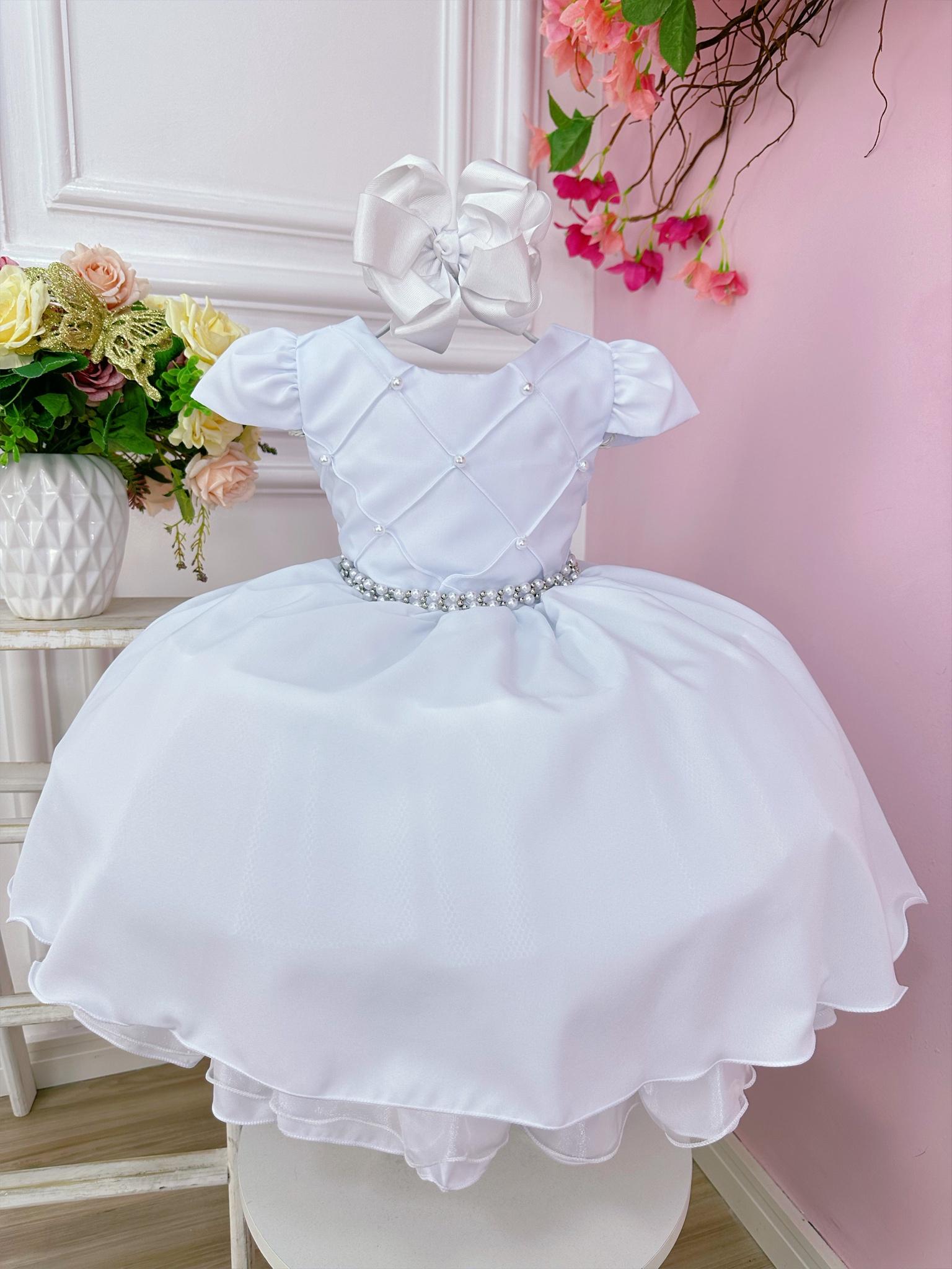 Vestido Infantil Branco Cinto Pérolas Damas Casamento Luxo