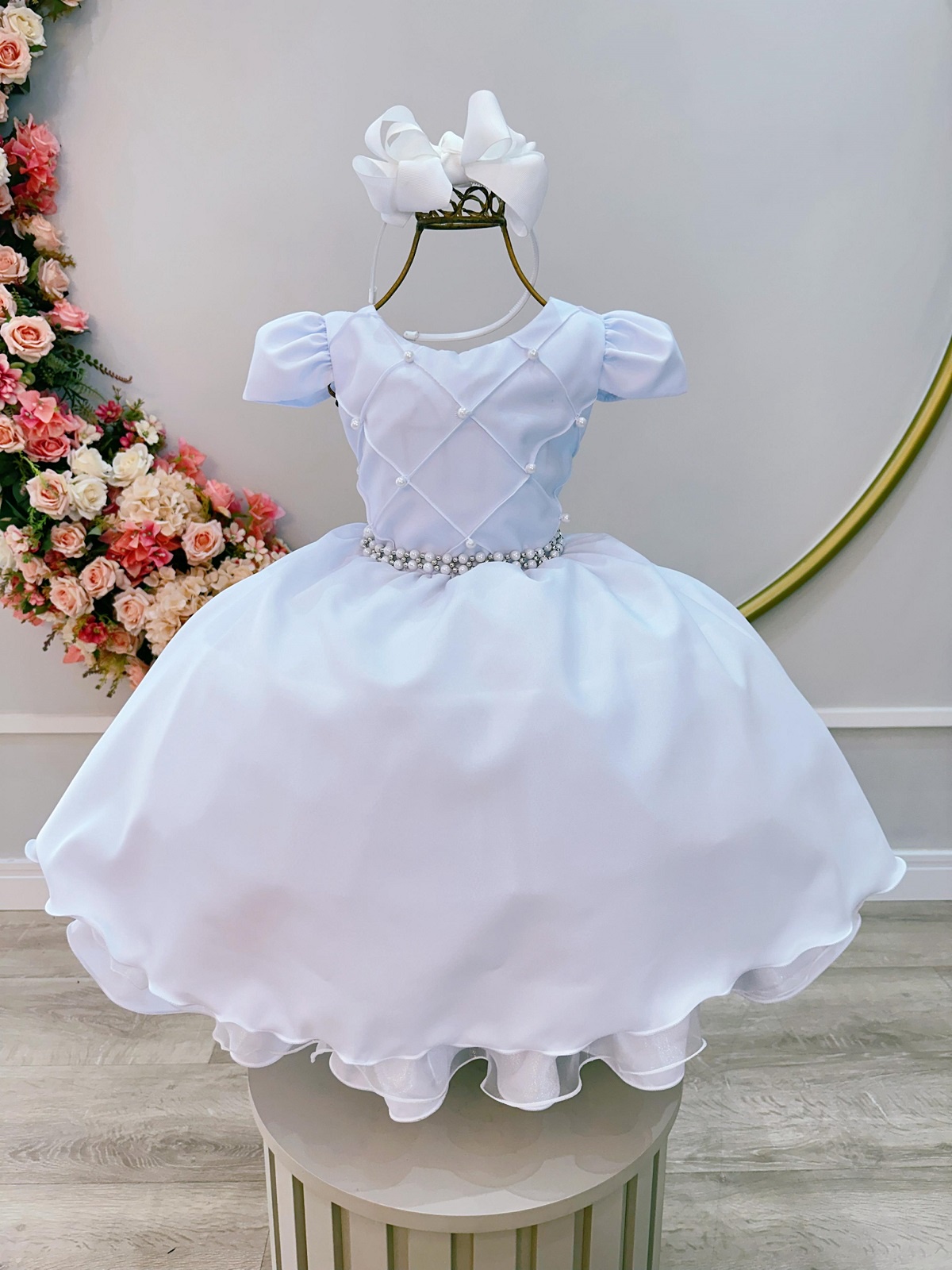Vestido Infantil Branco Cinto Pérolas Damas Casamento Luxo