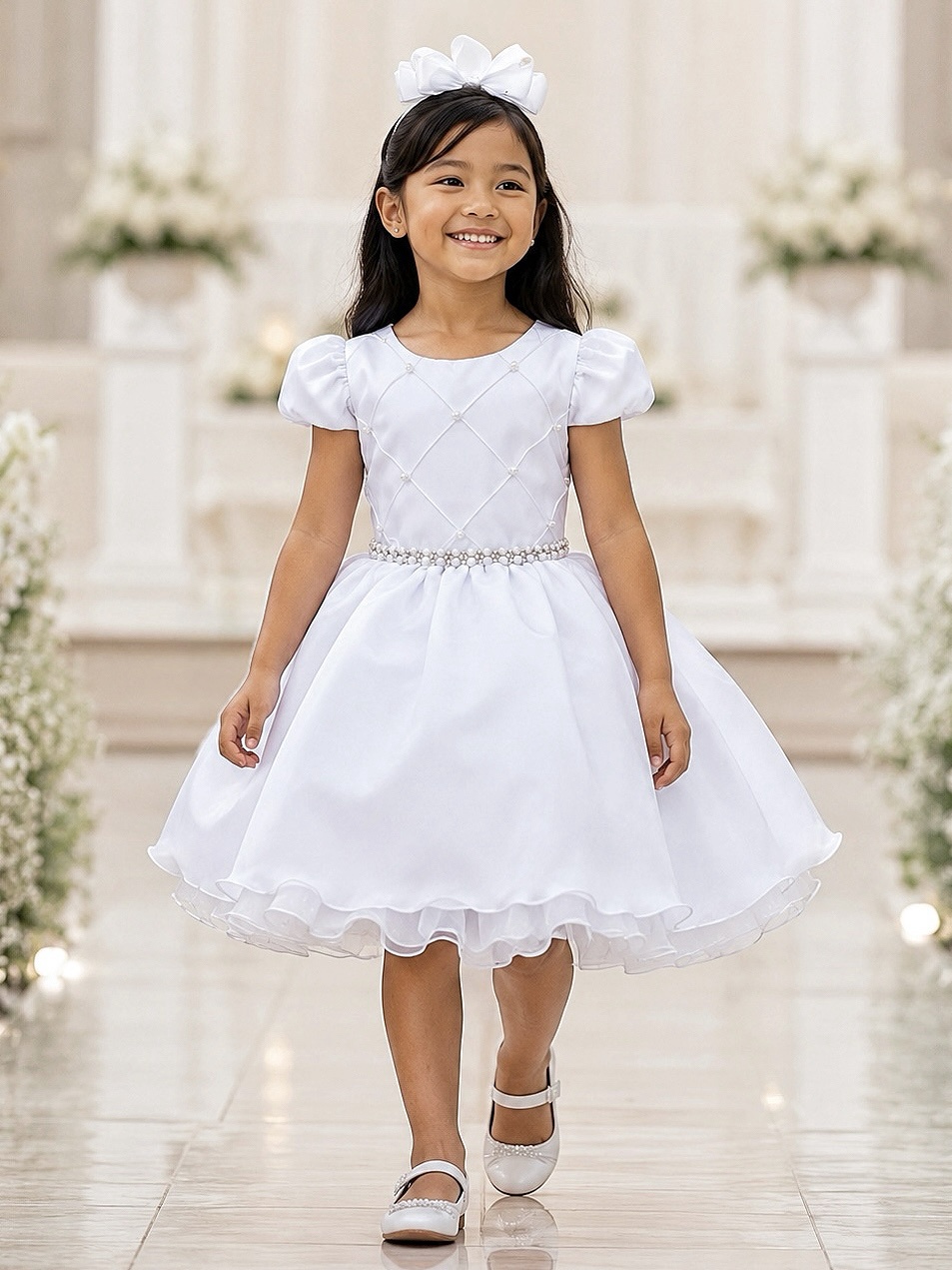 Vestido Infantil Branco Cinto Pérolas Damas Casamento Luxo