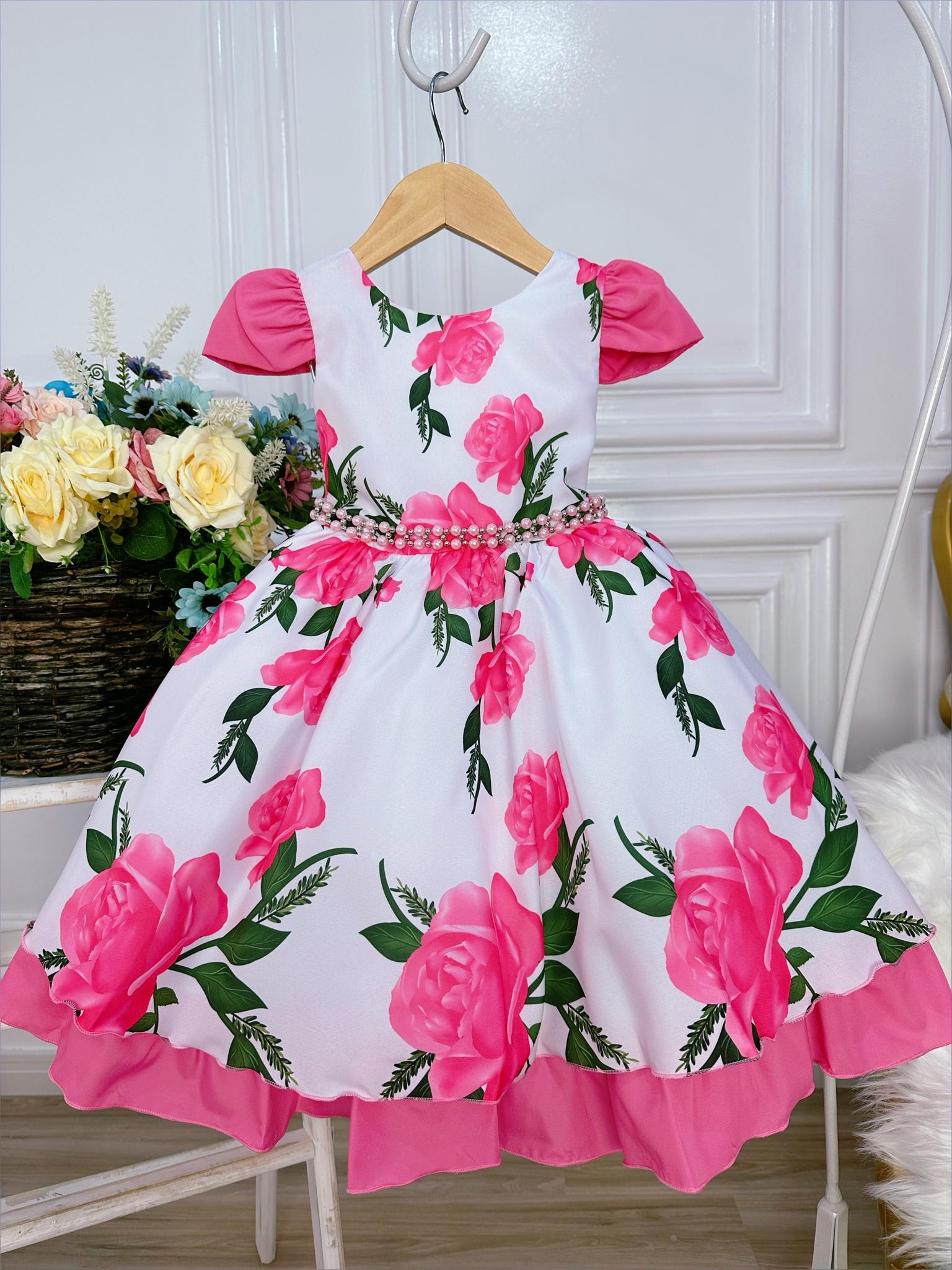 Vestido Infantil Branco Floral Pink Cinto de Pérolas Luxo + Brinde