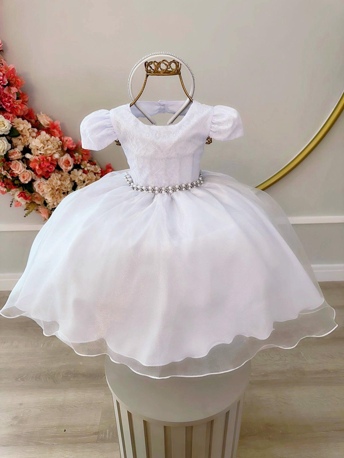 Vestido Infantil Branco Renda Damas Cinto Pérolas Tiara Luxo
