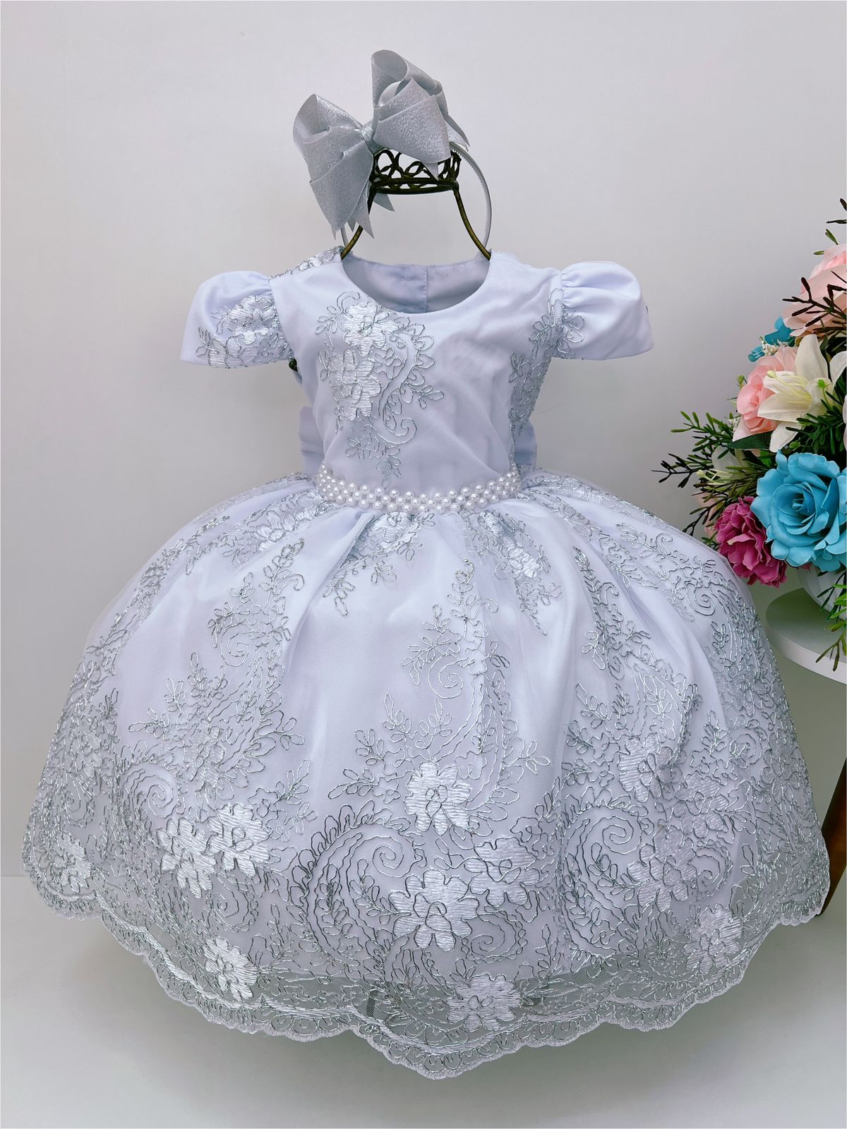 Vestido Infantil Branco Renda Realeza Cinto de Pérolas Luxo