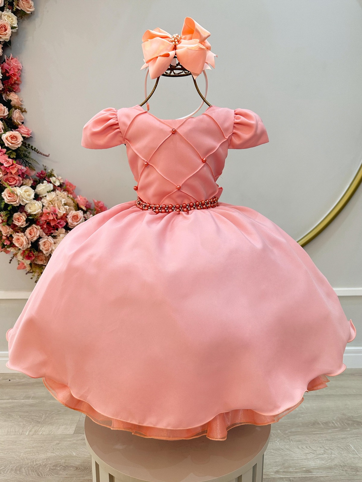 Vestido Infantil Goiaba Cinto de Pérolas Casamento Luxo