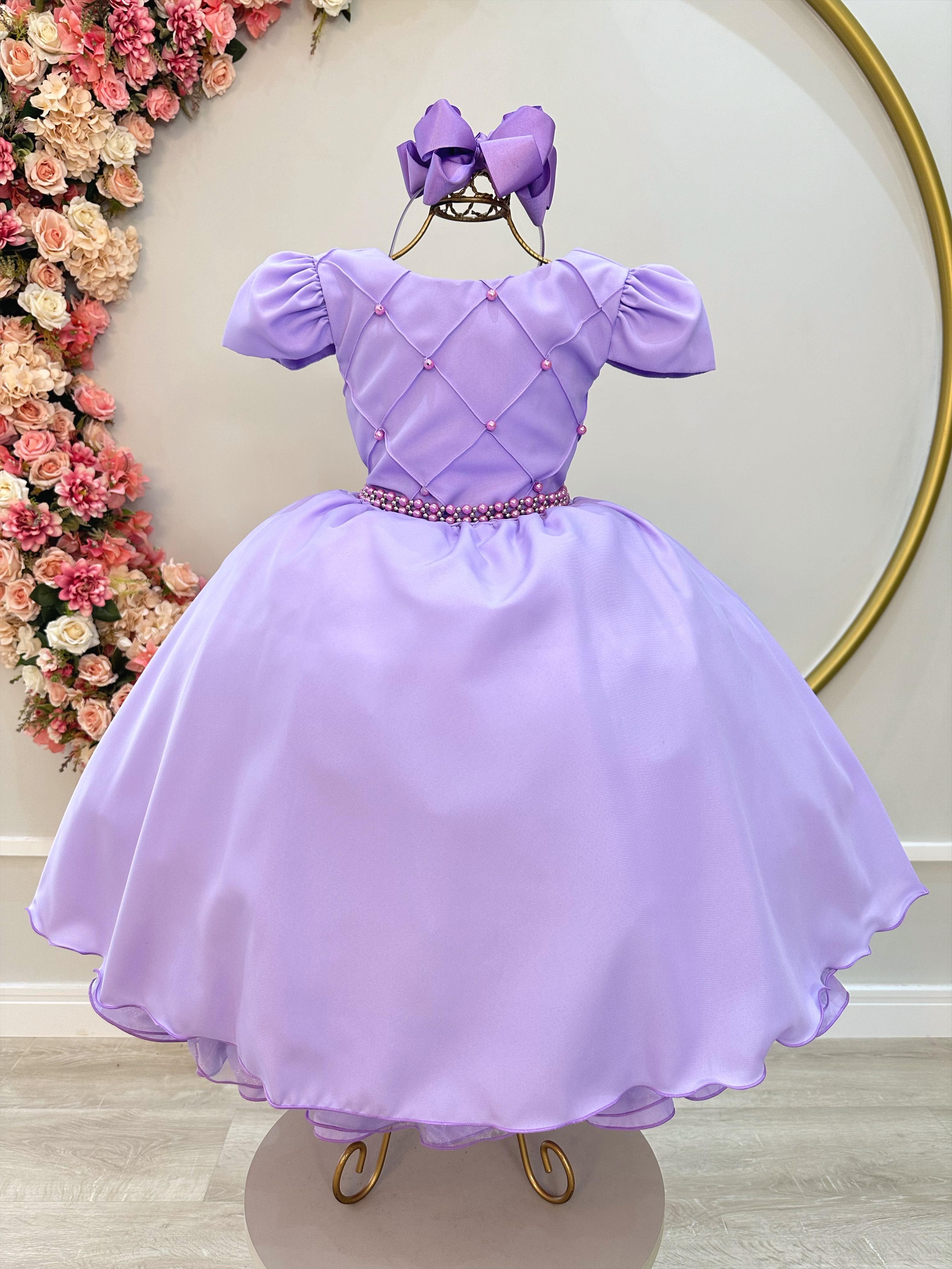 Vestido Infantil Lilás C/ Cinto de Pérolas Casamento Festas