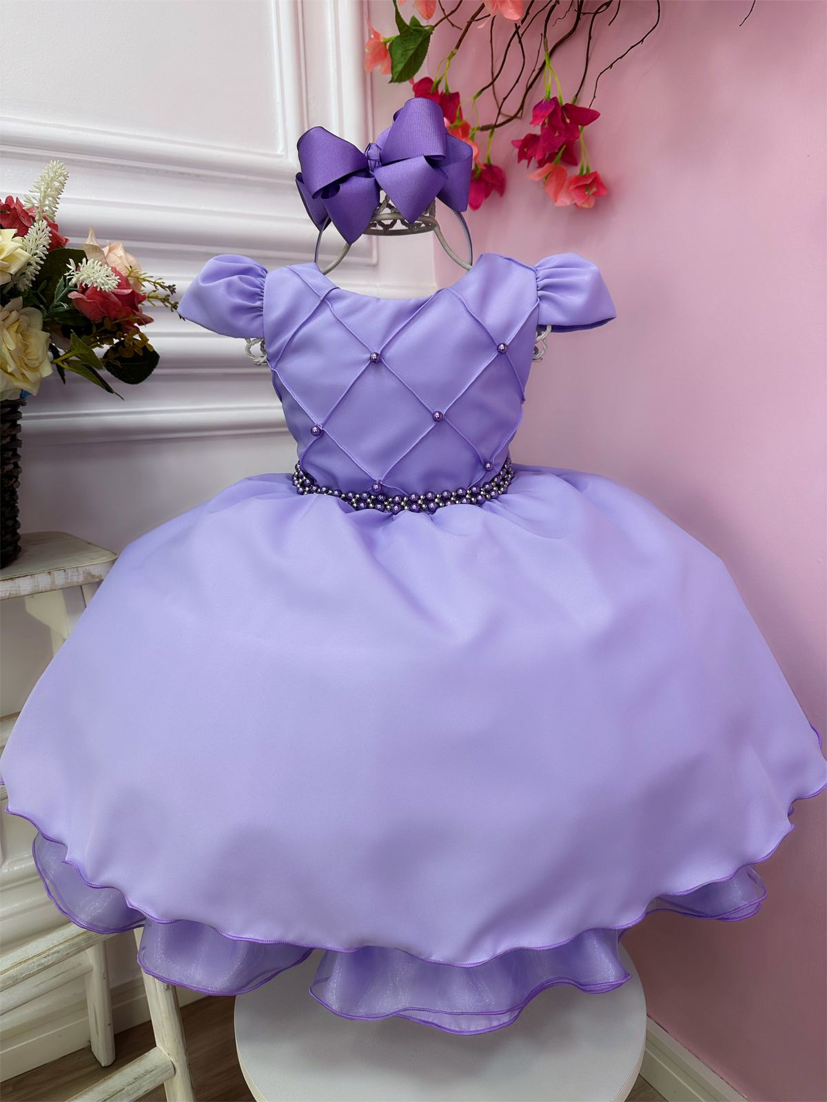 Vestido Infantil Lilás C/ Cinto de Pérolas Casamento Luxo