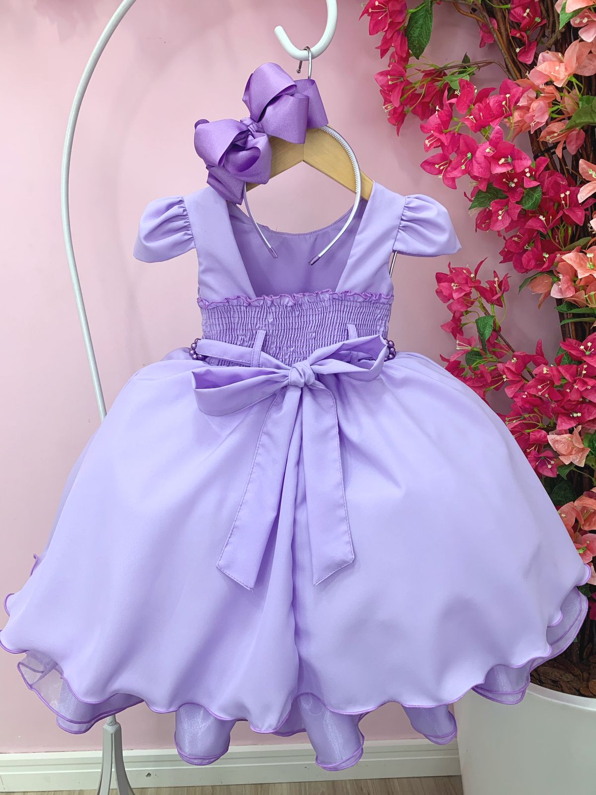 VESTIDO INFANTIL LILÁS C/ CINTO DE PÉROLAS CASAMENTO LUXO