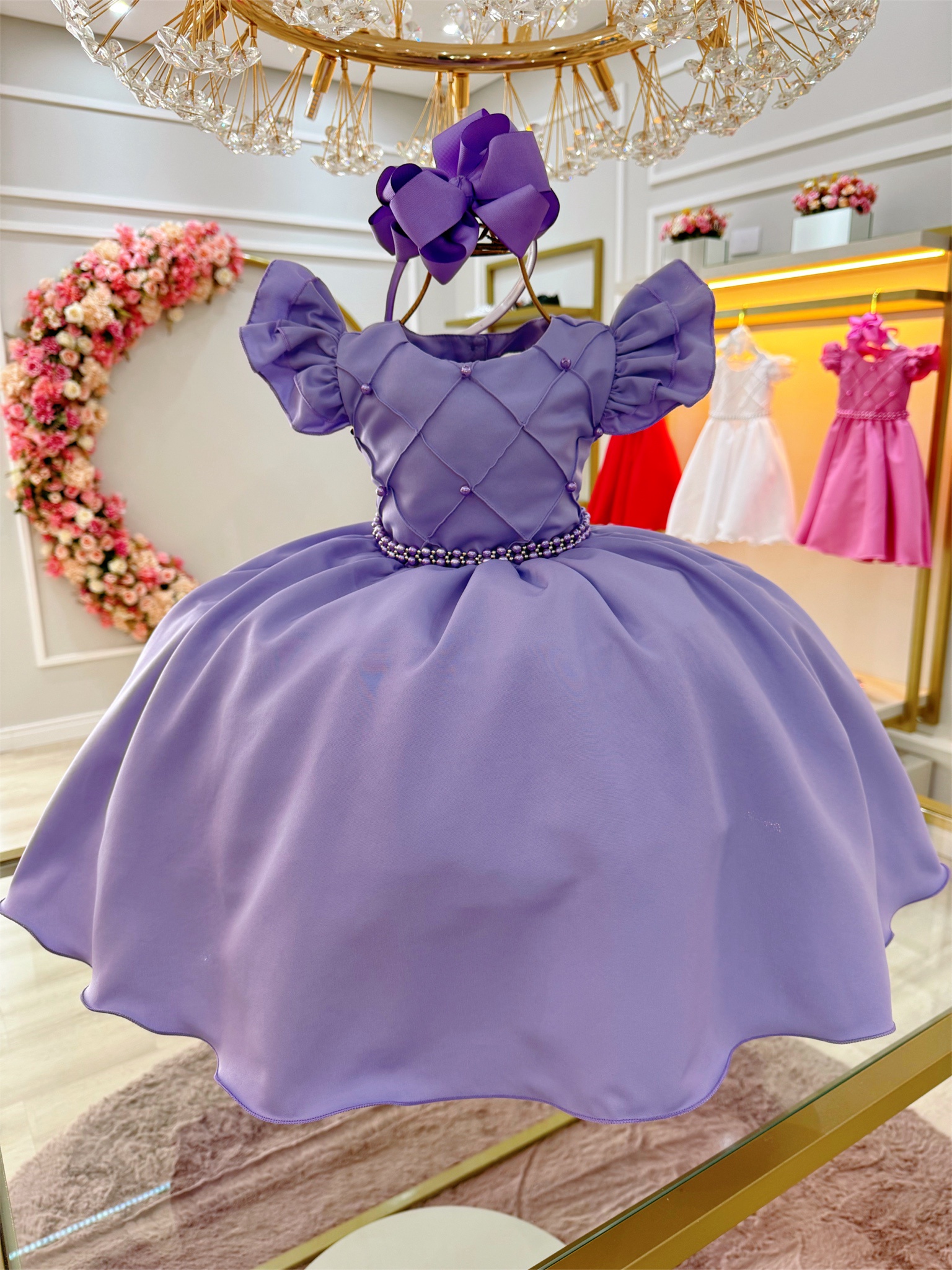 Vestido Infantil Lilás Busto Nervura C/ Pérolas Casamentos