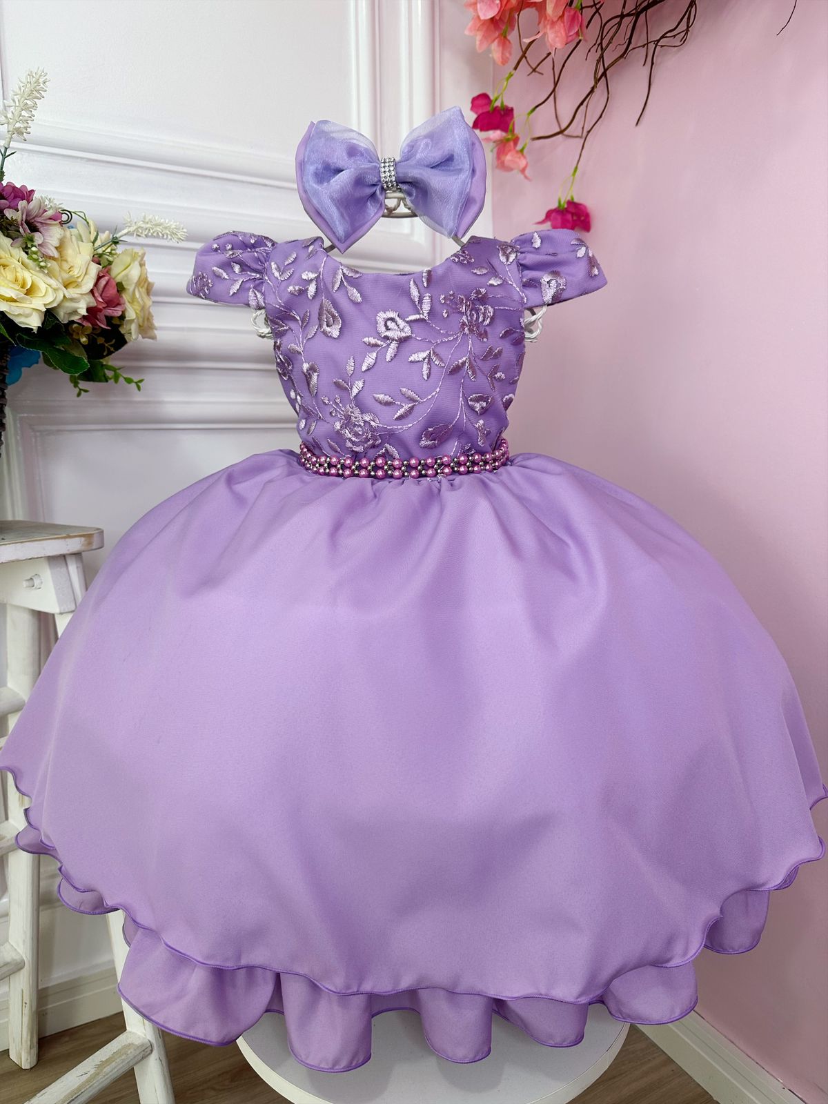 Vestido Infantil Lilás C/ Renda e Cinto de Pérolas e Laço