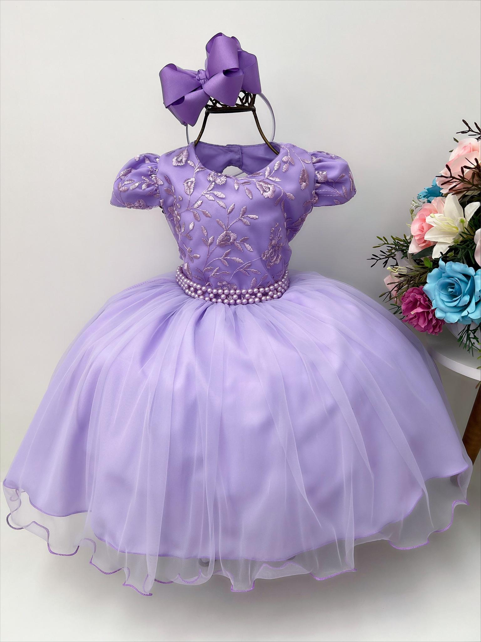 Vestido Infantil Lilás C/ Renda e Cinto de Pérolas Luxo