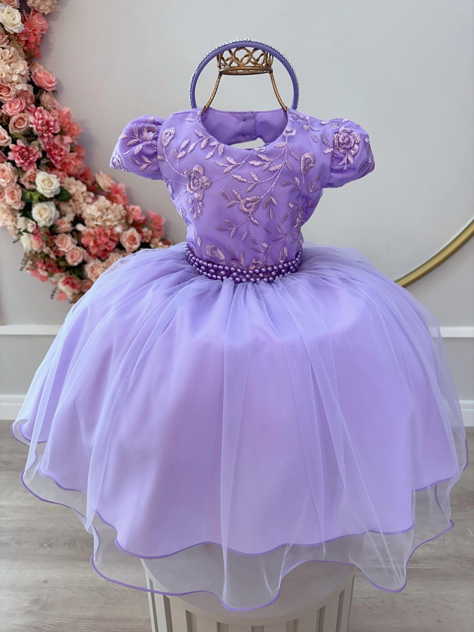 Vestido Infantil Lilás C/ Renda e Cinto Pérolas Tiara