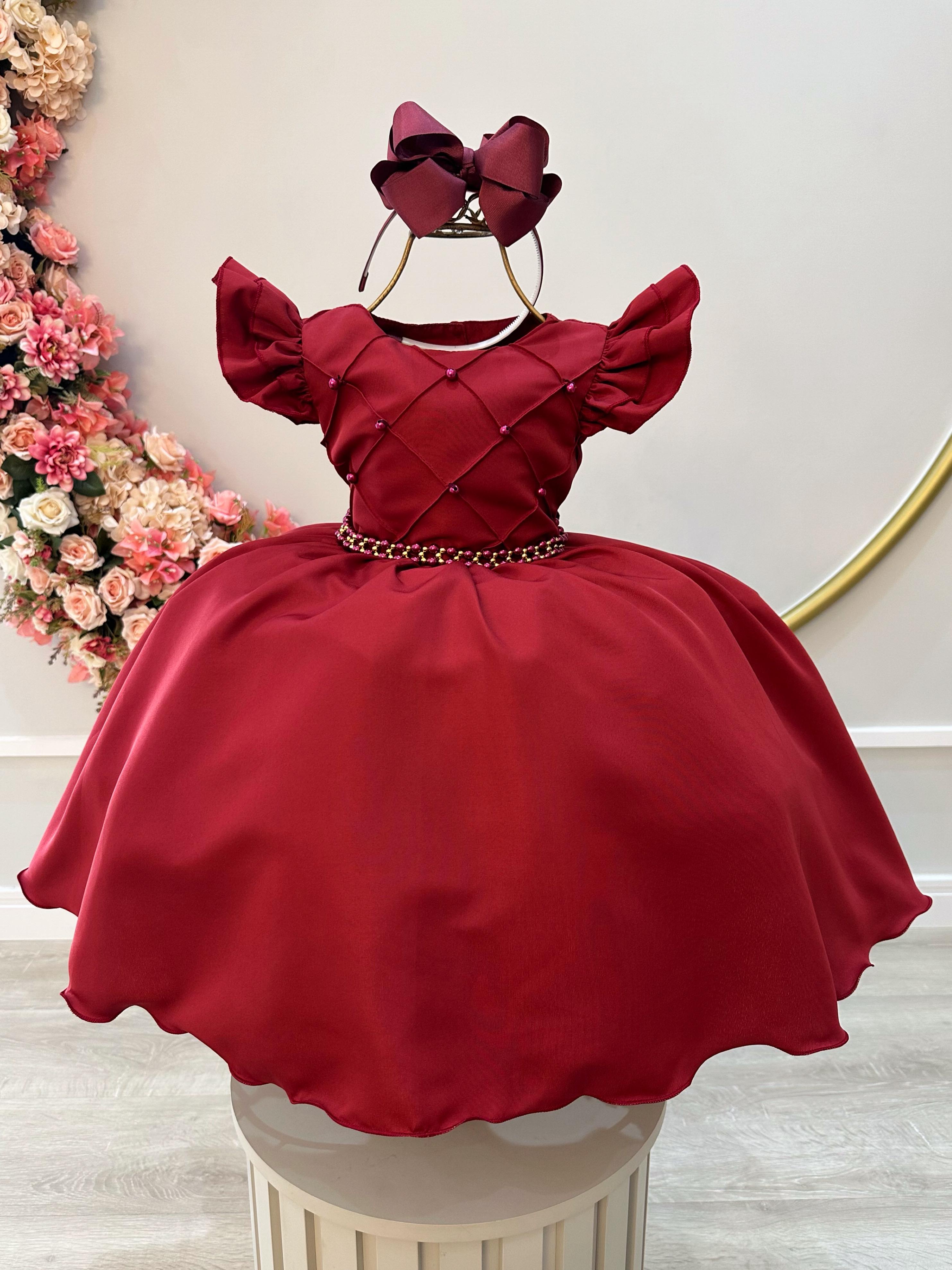 Vestido Infantil Marsala Busto Nervura C/ Pérolas Casamentos