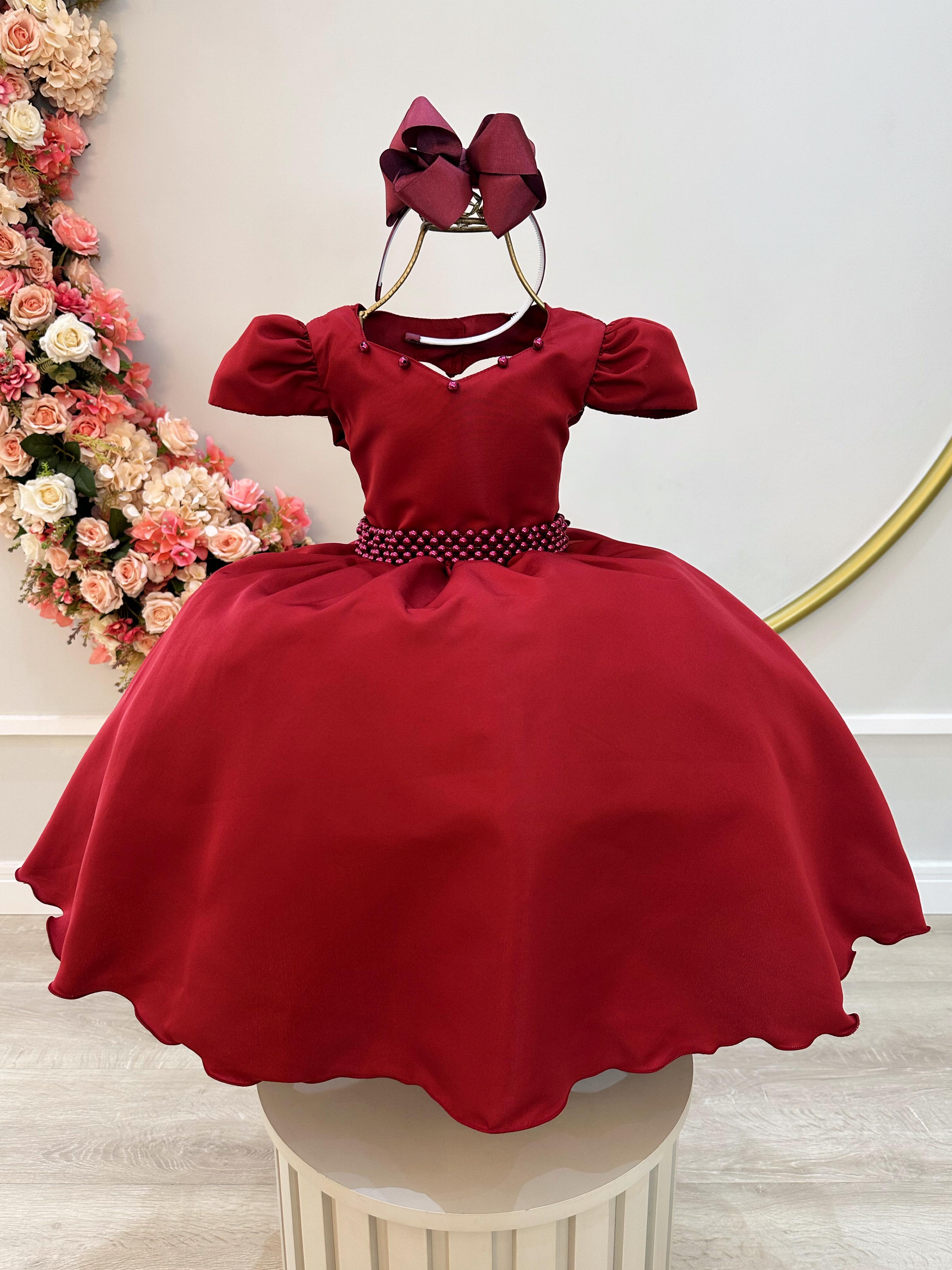 Vestido Infantil Marsala C/ Cinto de Pérolas Daminhas Luxo