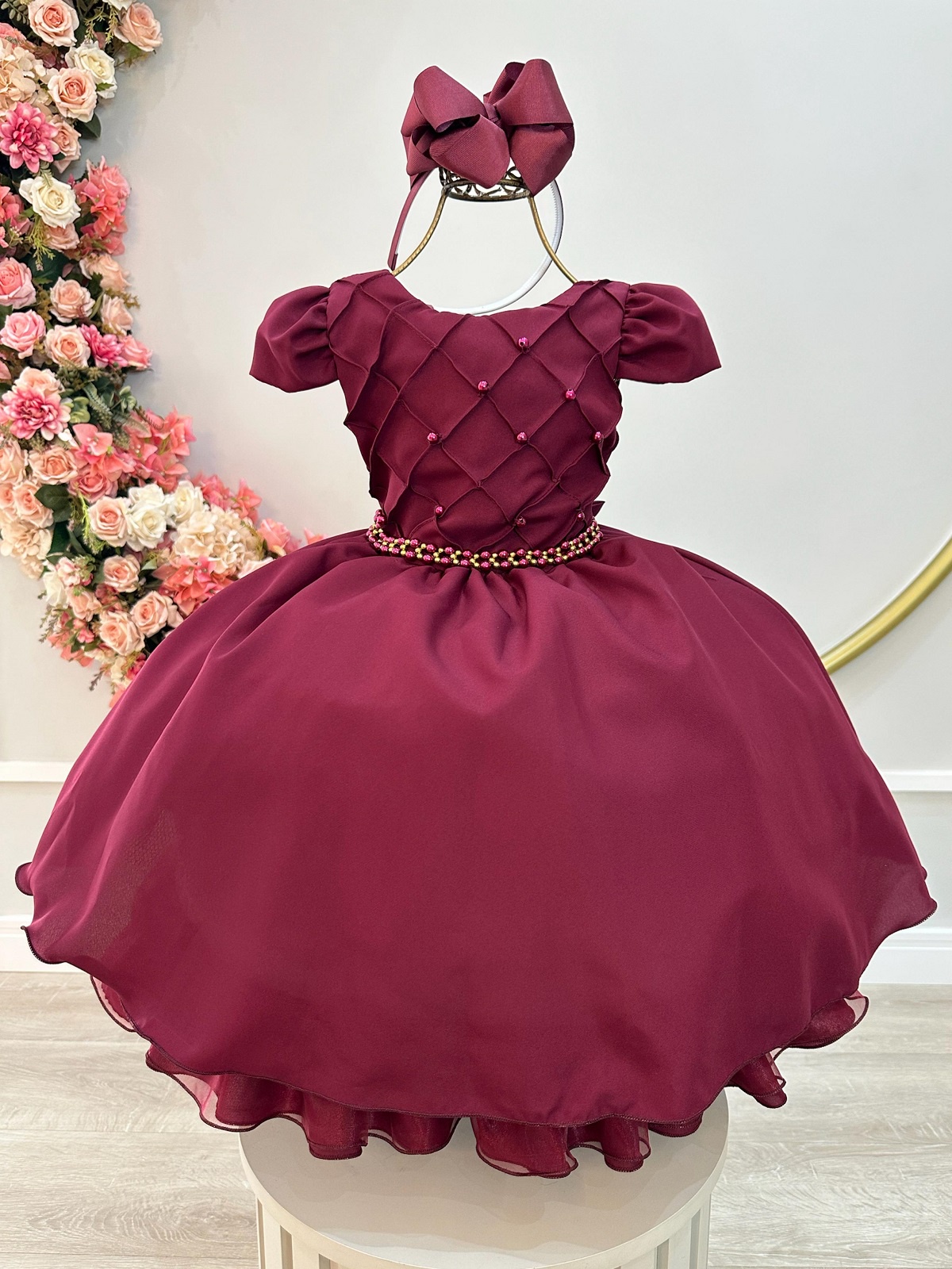 Vestido Infantil Marsala Cinto de Pérolas Casamento Luxo