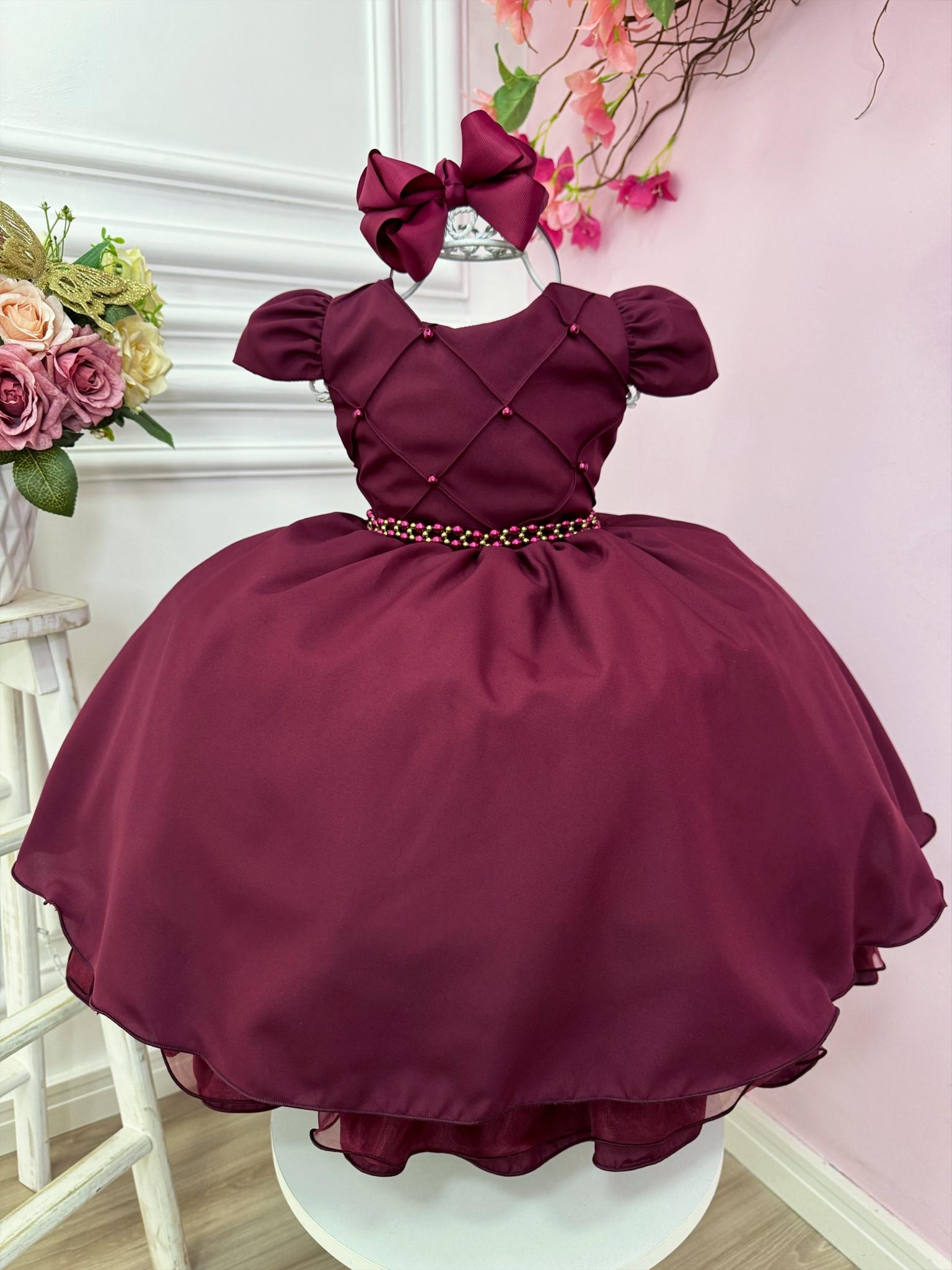 Vestido Infantil Marsala Cinto de Pérolas Casamento Luxo