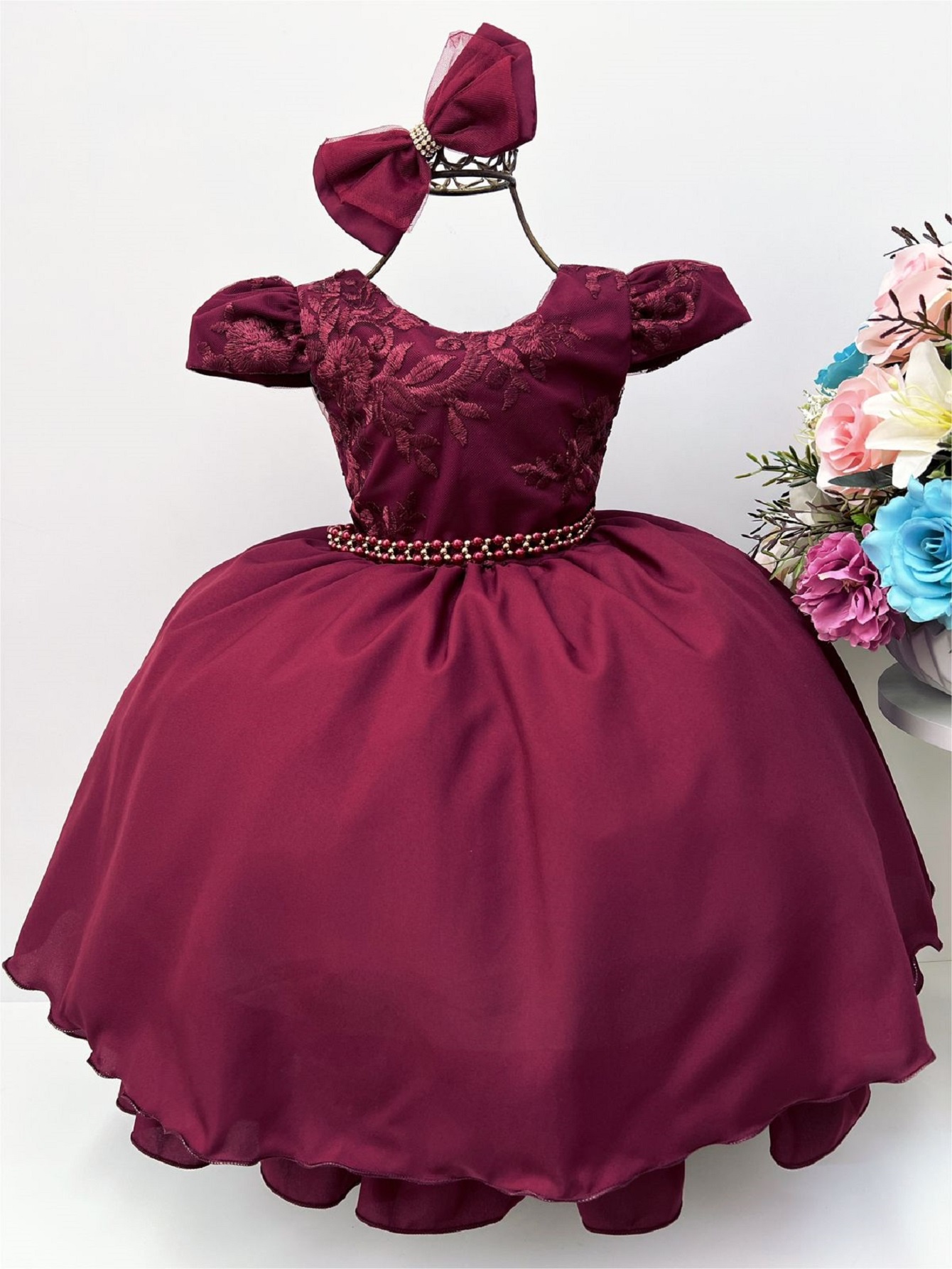 Vestido Infantil Marsala Renda C/ Cinto de Pérolas Laço