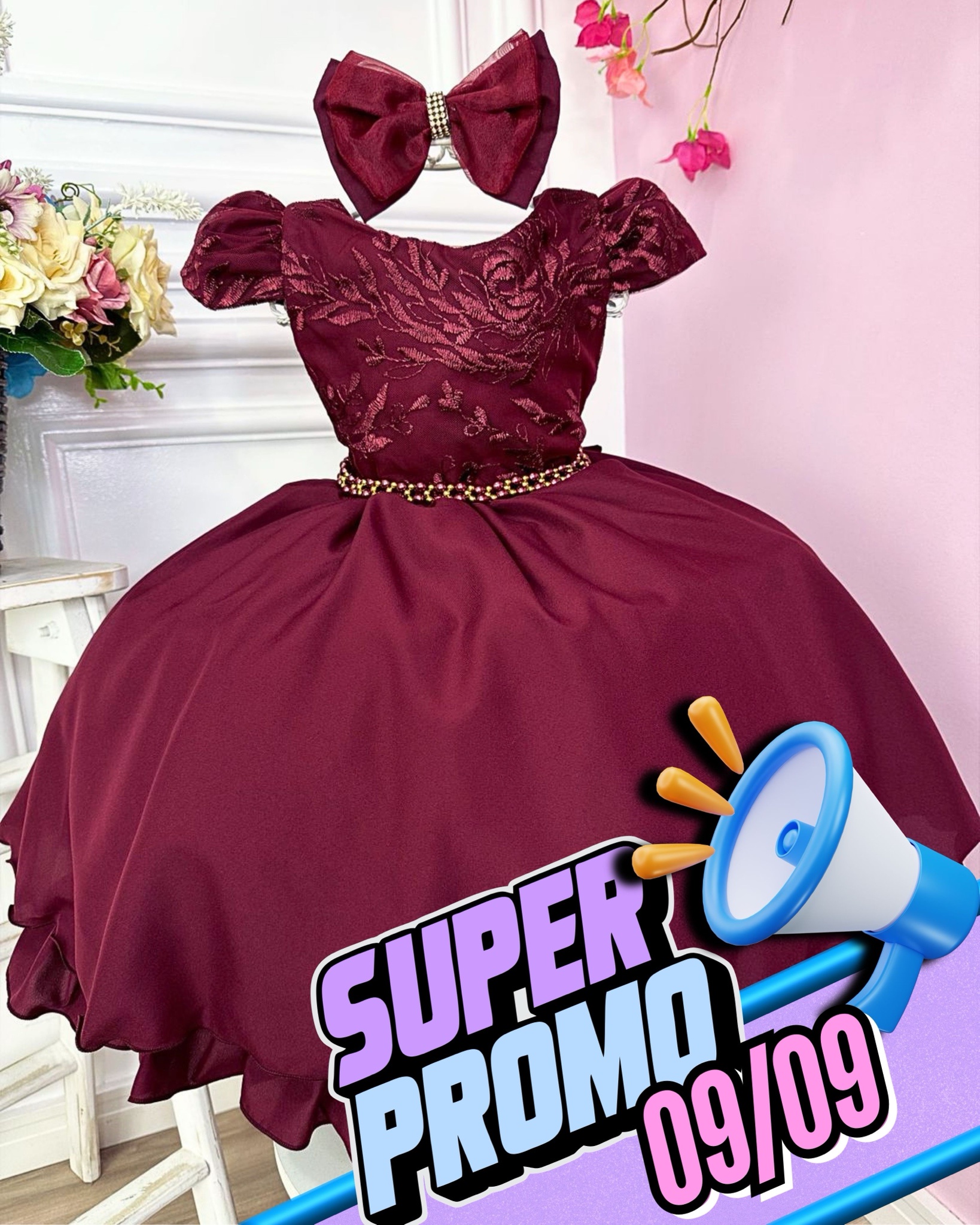 Vestido Infantil Marsala Renda Com Cinto de Pérolas e Laço