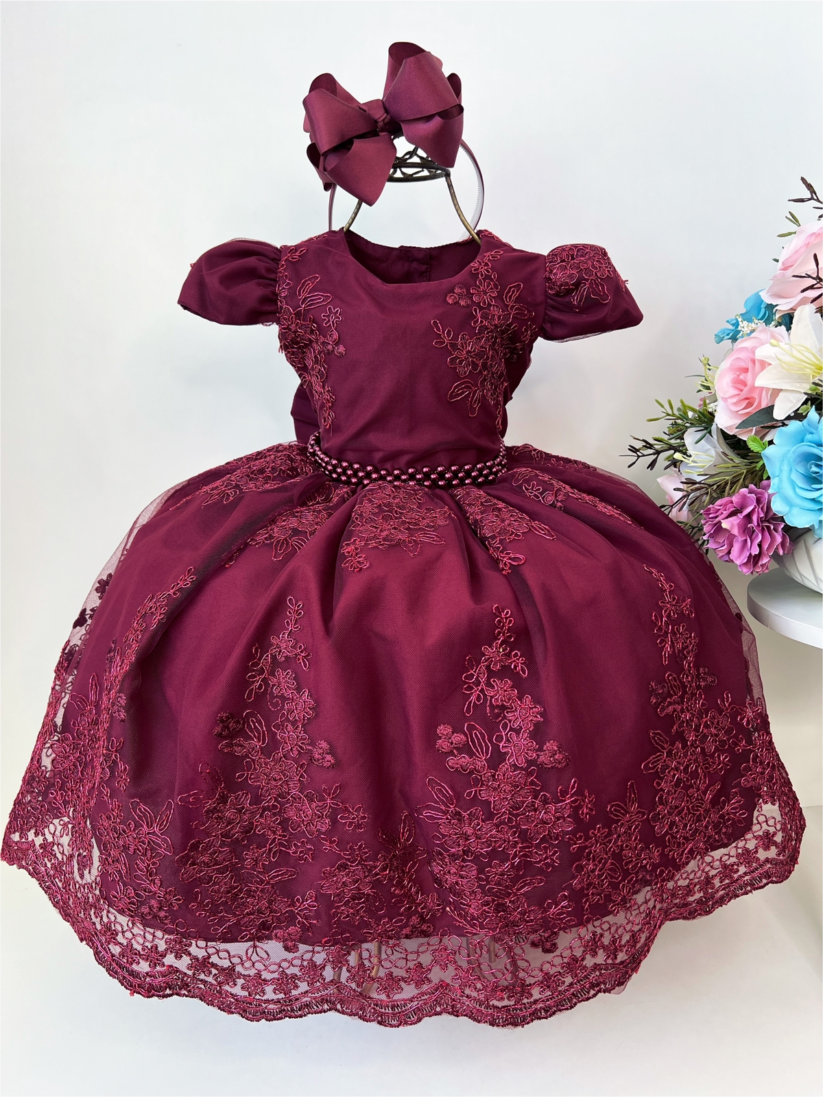 Vestido Infantil Marsala Renda e Cinto de Pérolas Luxo
