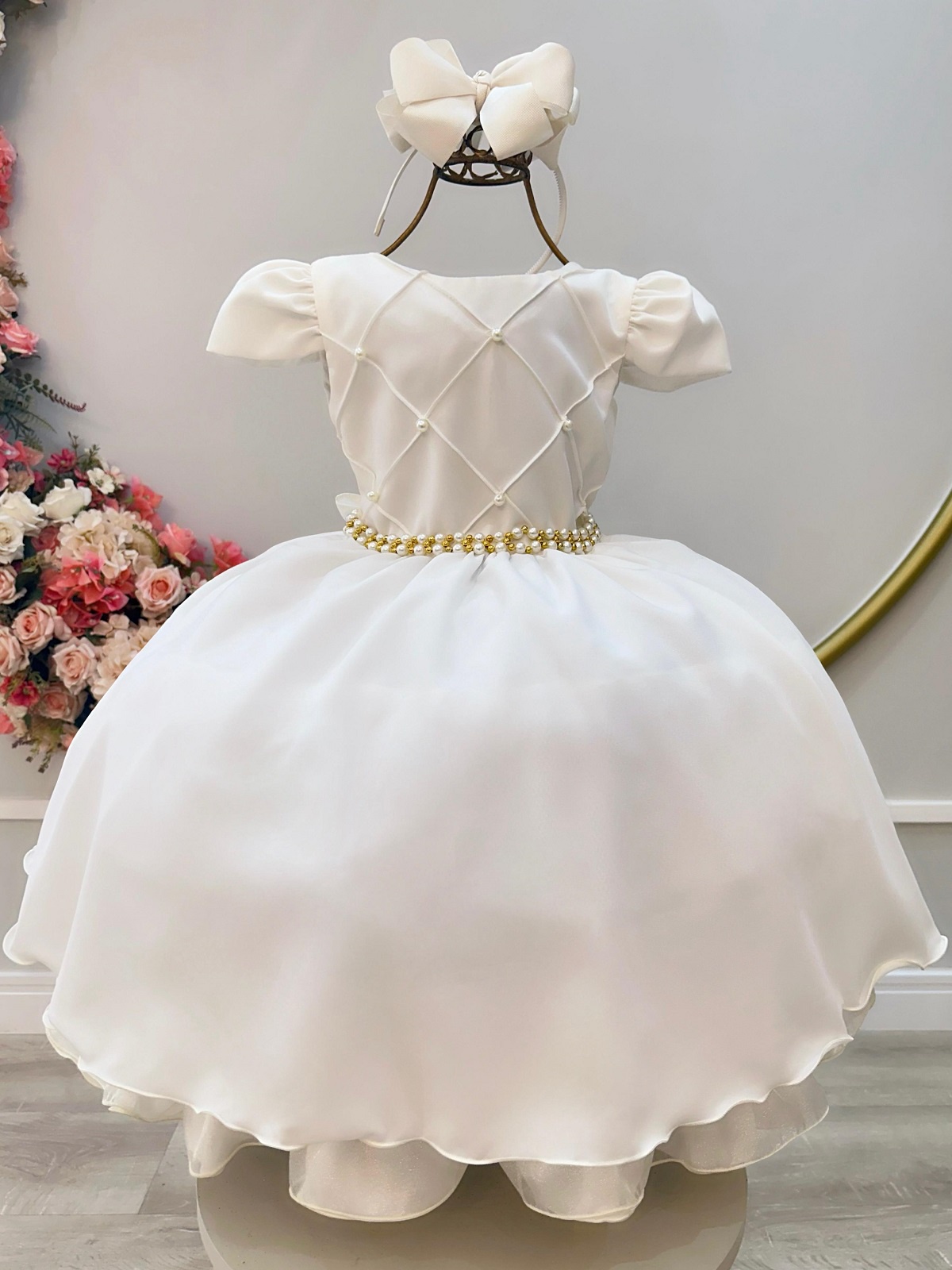 Vestido Infantil Off White Cinto de Pérolas Casamento Luxo