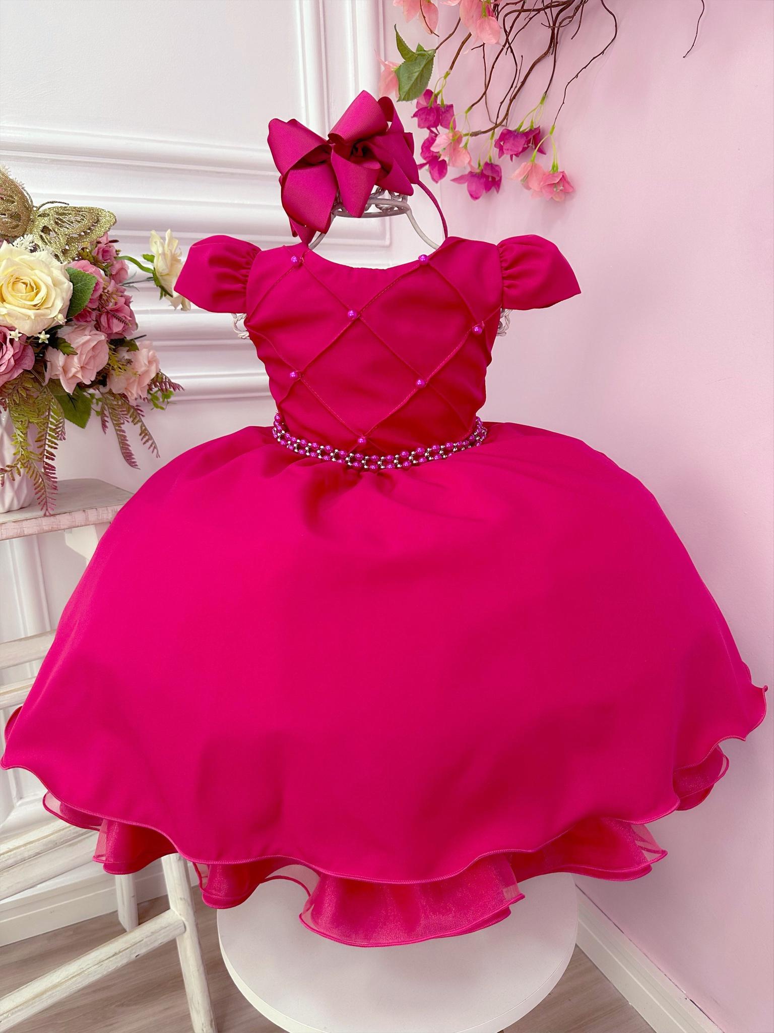 Vestido Infantil Pink C/ Cinto de Pérolas Casamento Luxo