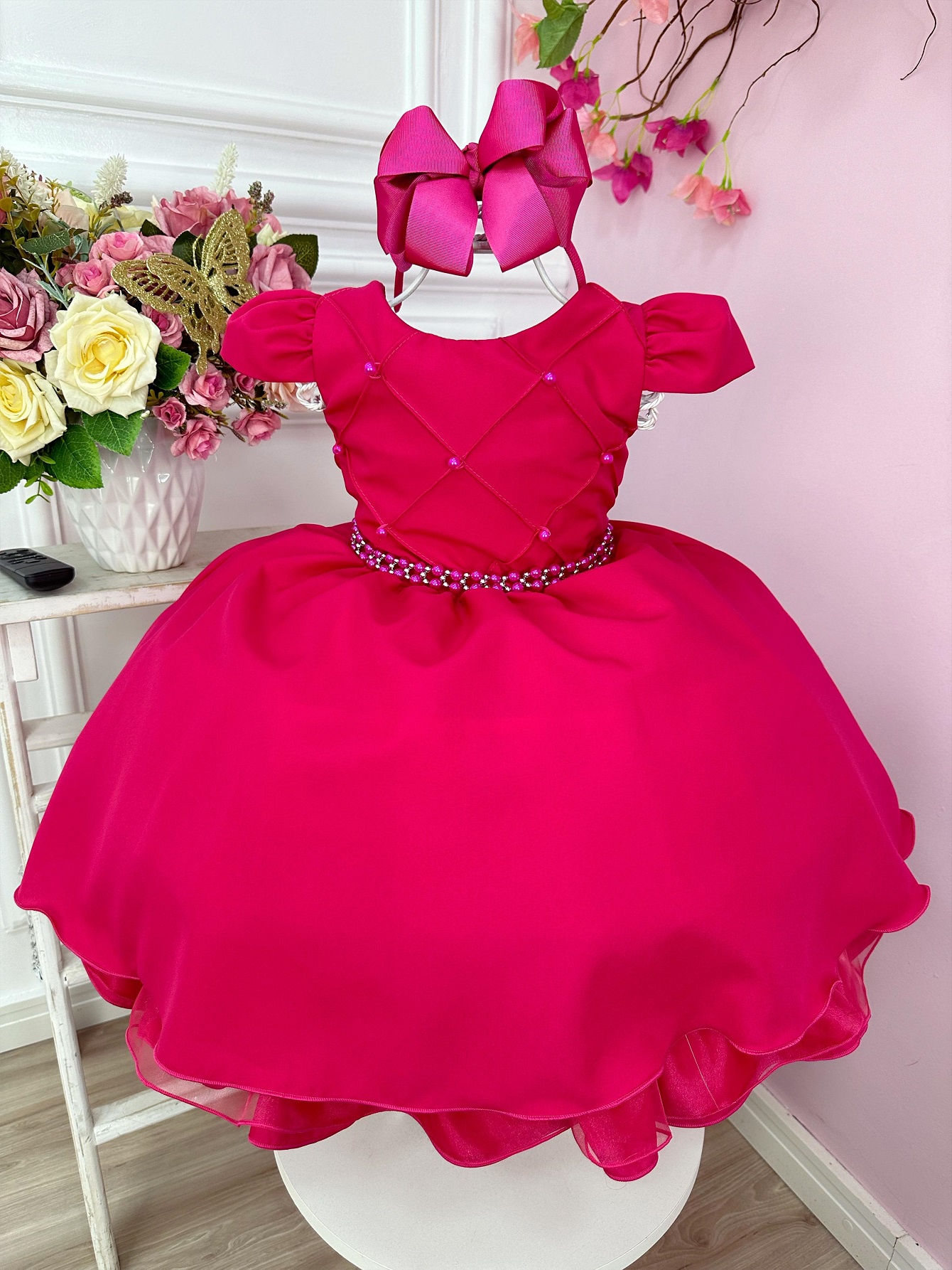 Vestido Infantil Pink C/ Cinto de Pérolas Casamento Luxo