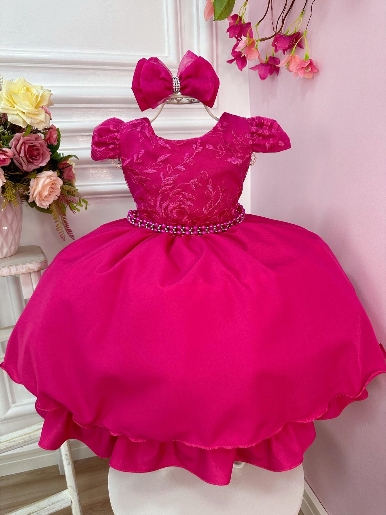 Vestido Infantil Pink C/ Renda, em Poliéster