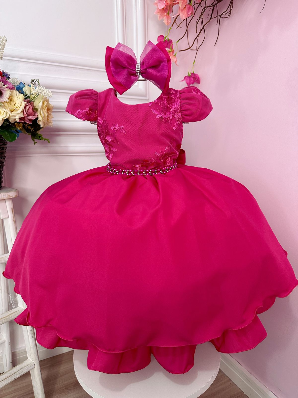 Vestido Infantil Pink C/ Renda e Cinto de Pérolas e Laço