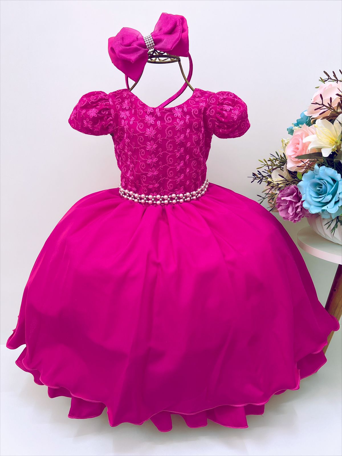 Vestido Infantil Pink Renda Cinto Pérolas C/Tiara