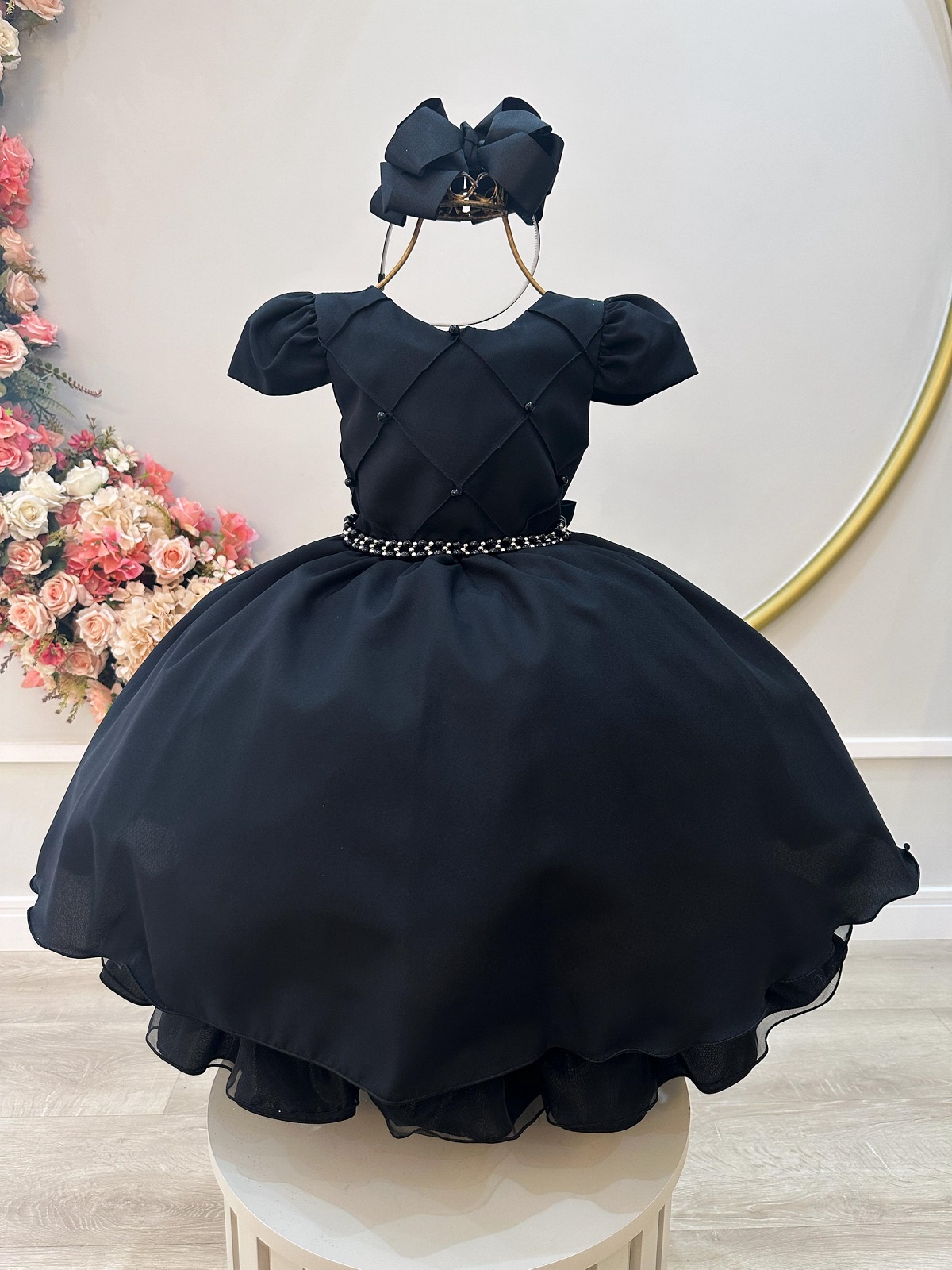 Vestido Infantil Preto C/ Cinto de Pérolas Casamentos